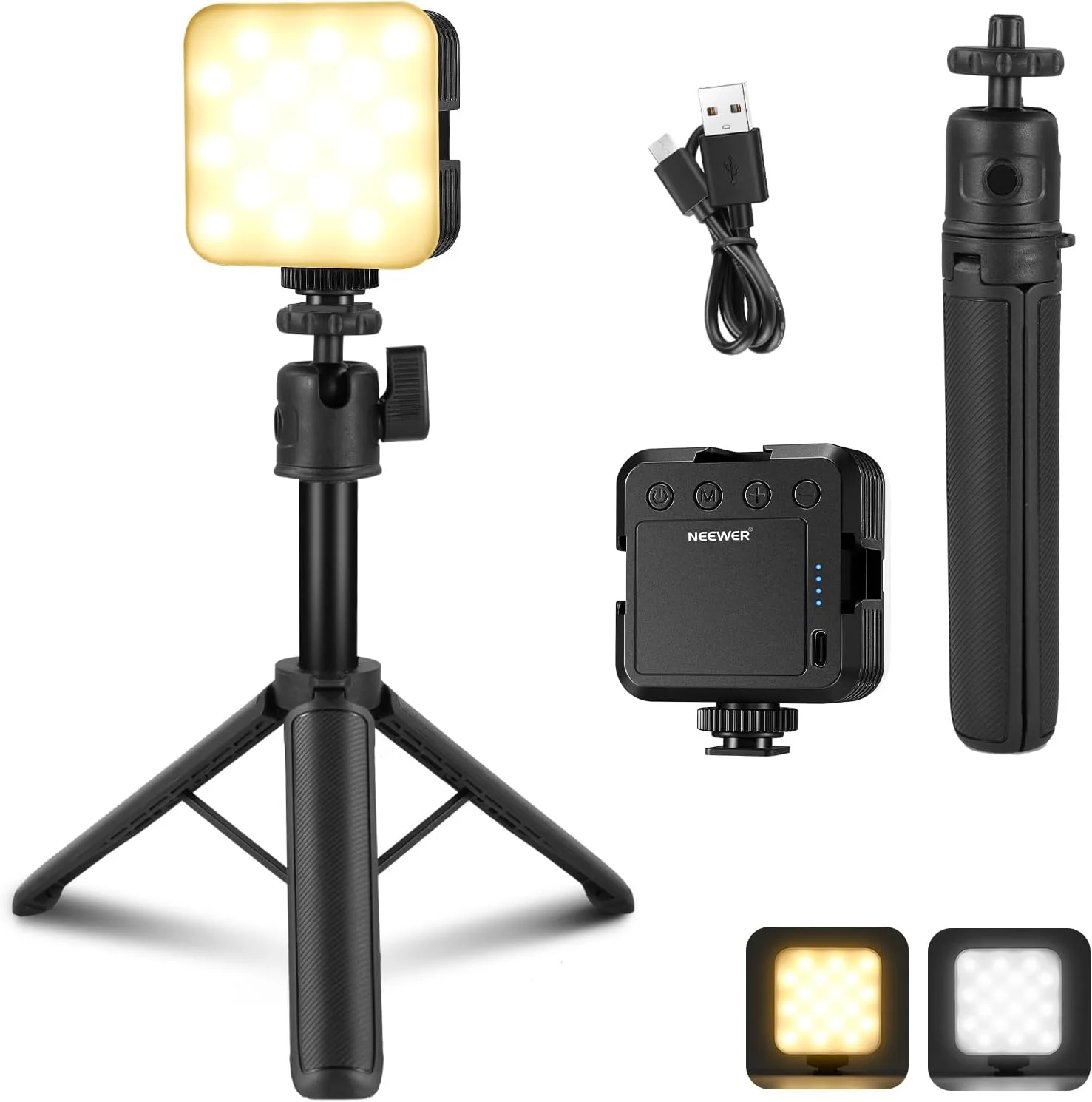 نور ویدئویی LED دوربین NEEWER با پایه سه پایه رومیزی، نورپردازی پنل کوچک قابل حمل دو رنگ 3200K-5600K، CRI 97+، 8 صحنه، باتری قابل شارژ 2000mAh برای عکاسی و ضبط ولاگ، مدل NL-36AI