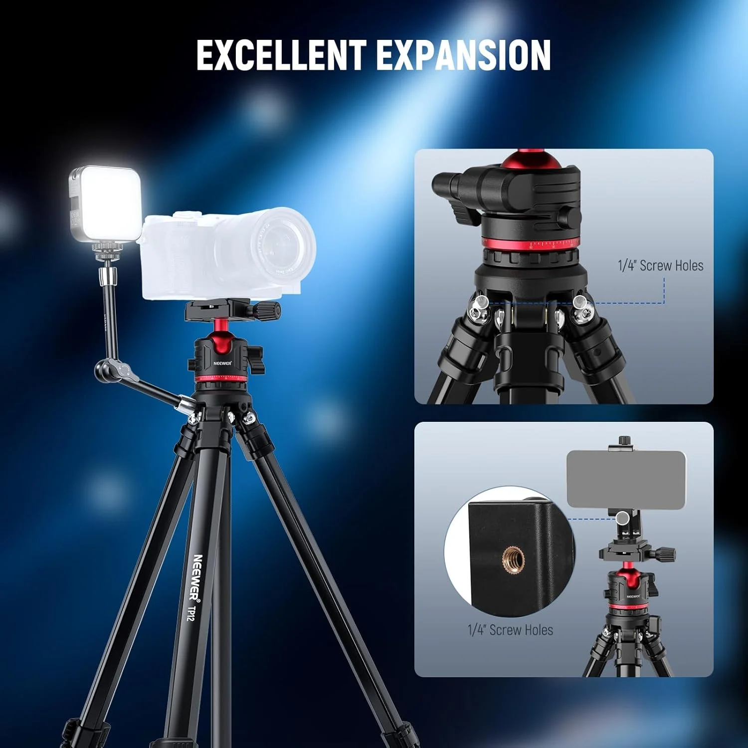 سه پایه مسافرتی دوربین NEEWER BASICS، پایه دوربین DSLR سبک وزن و قابل حمل با هد توپی، صفحه QR نوع Arca، نگهدارنده تلفن همراه سازگار با ضبط ویدیو آیفون، حداکثر بار 5 کیلوگرم، TP12 سه پایه مسافرتی دوربین NEEWER BASICS، پایه دوربین DSLR سبک وزن و قابل حمل با هد توپی، صفحه QR نوع Arca، نگهدارنده تلفن همراه سازگار با ضبط ویدیو آیفون، حداکثر بار 5 کیلوگرم، TP12