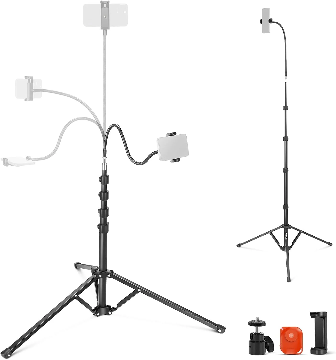 سه پایه گوشی 71 اینچی NEEWER با پایه های برگشت پذیر، بازوی انعطاف پذیر، سر توپی 360 درجه، نگهدارنده گوشی و کنترل از راه دور، پایه دوربین قابل حمل سازگار با آیفون 15 پرو مکس برای فیلمبرداری، مدل TS06
