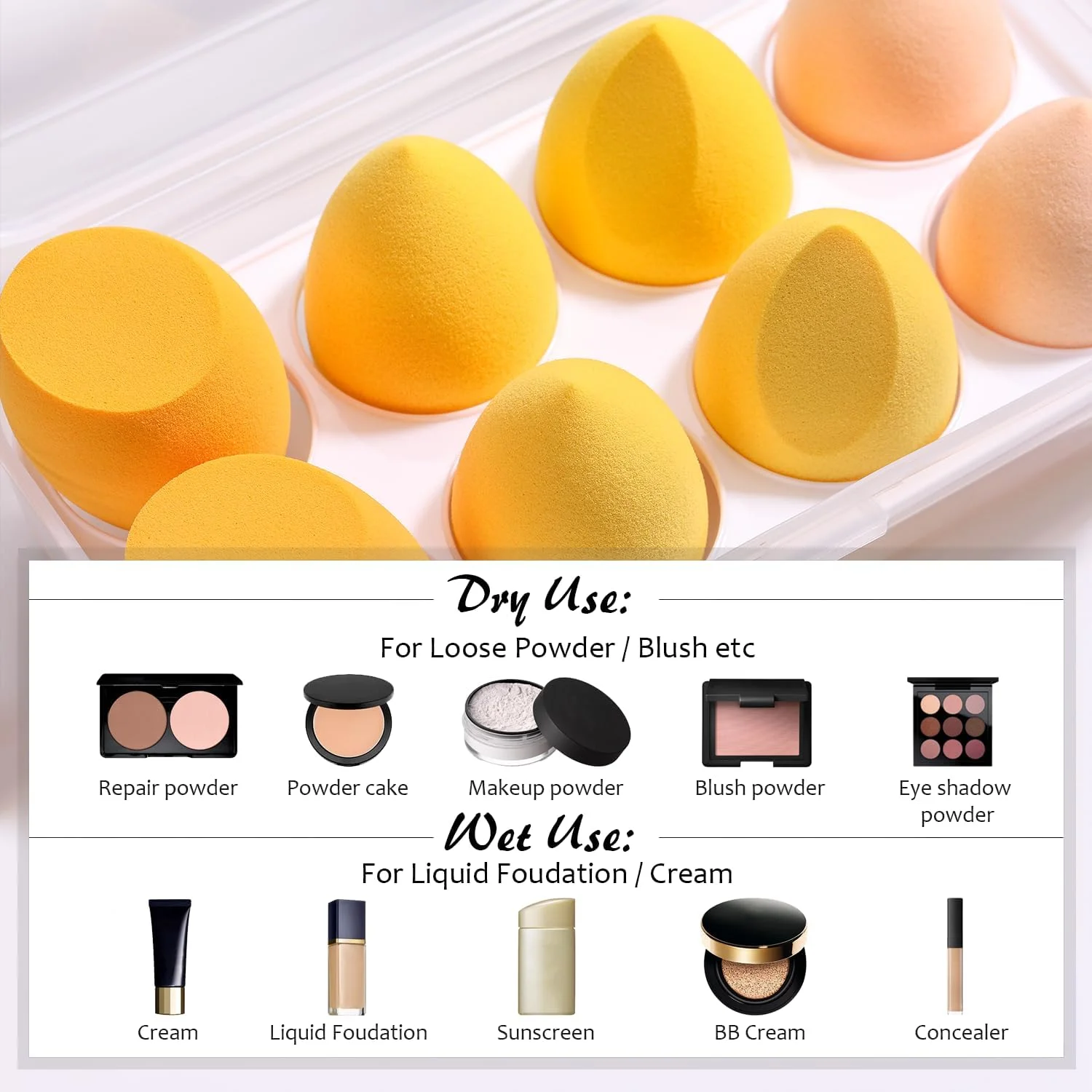 ست اسفنج آرایشی ABC Glow Beauty Blender – بسته 8 عددی | استفاده بی نقص از لوازم آرایش | بدون لاتکس، فوق العاده نرم، اسفنج های آرایشی قابل استفاده مجدد با جعبه مسافرتی | برای مایع، کرم و پودر (زرد)