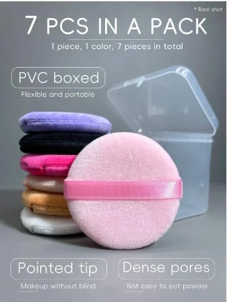 ست 7 عددی پد آرایشی برای کرم پودر با جعبه، پد پودر گرد، پد ترکیبی برای کرم پودر مایع و پودر، پدهای آرایشی روبانی بالشتکی، ست پد آرایشی برای دختران
