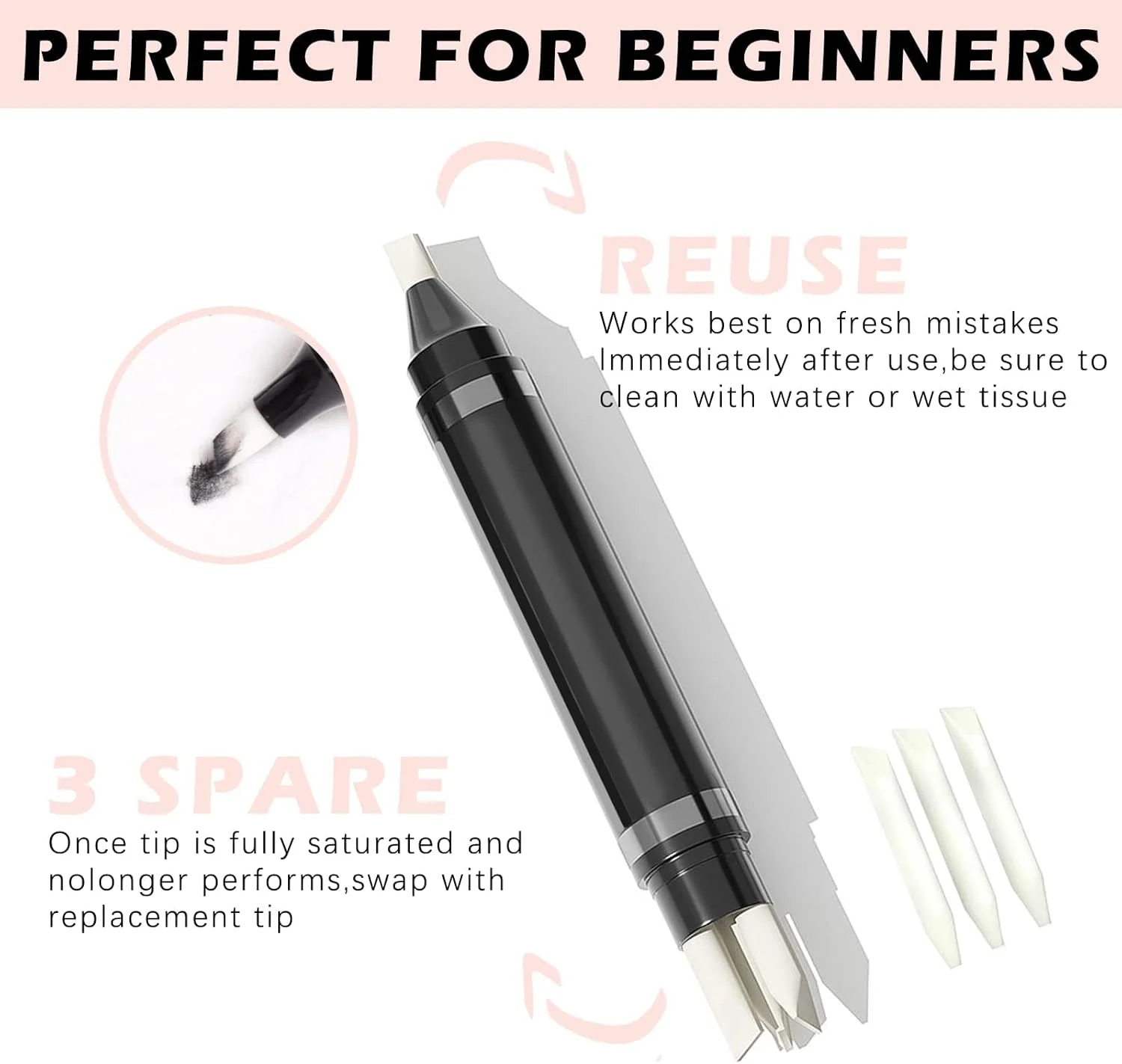 قلم پاک کننده آرایش TERRIFI، 2 عددی، رفع سریع و آسان اشتباهات آرایشی، قلم اصلاح کننده آرایش چشم، لب و صورت - شامل 3 سری جایگزین برای پاک کردن دقیق آرایش.