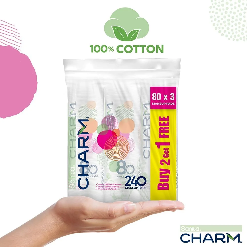 پدهای گرد 100% پنبه سانیتا چارم، 240 عدد (80X2+1) پد پدهای گرد 100% پنبه سانیتا چارم، 240 عدد (80X2+1) پد