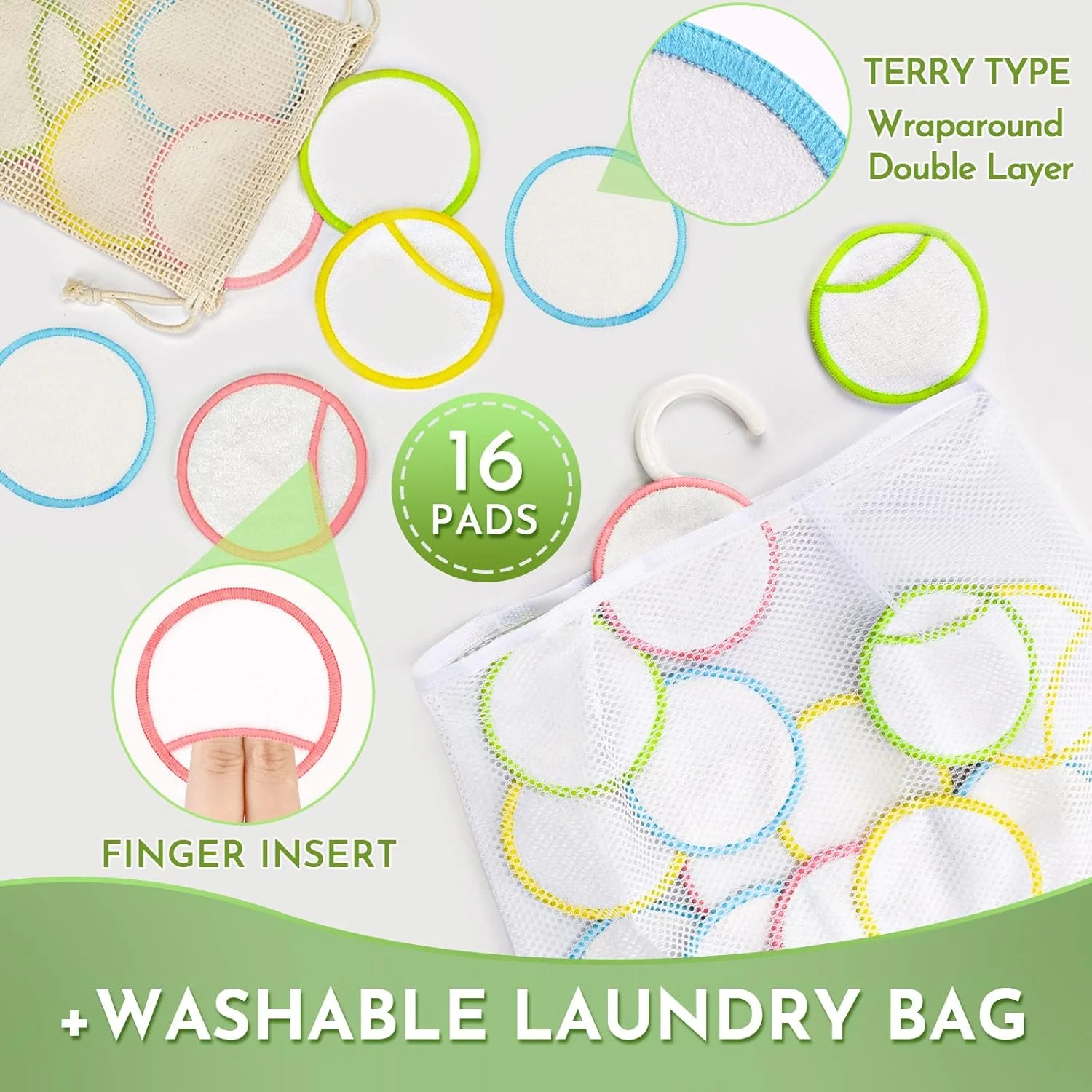 پدهای پاک کننده آرایش چندبار مصرف (قابل اتصال و سازگار با محیط زیست) به همراه کیسه لباسشویی و توری خشک کن آویز، پارچه های پاک کننده آرایش دولایه، پدهای پنبه ای بامبو چندبار مصرف برای انواع پوست 16 عددی 4 رنگ