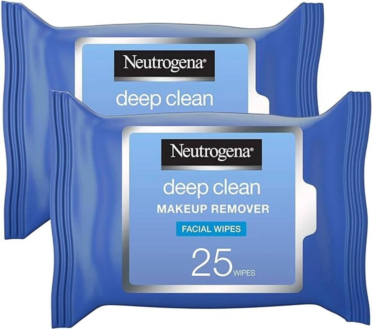 دستمال مرطوب پاک کننده آرایش نوتروژینا Deep Clean، بسته 2x25 عددی، فرمولاسیون فاقد چربی غنی شده با لوسیون پاک کننده ملایم برای مراقبت بیشتر از پوست، پاک کننده انواع آرایش، حتی ریمل ضد آب