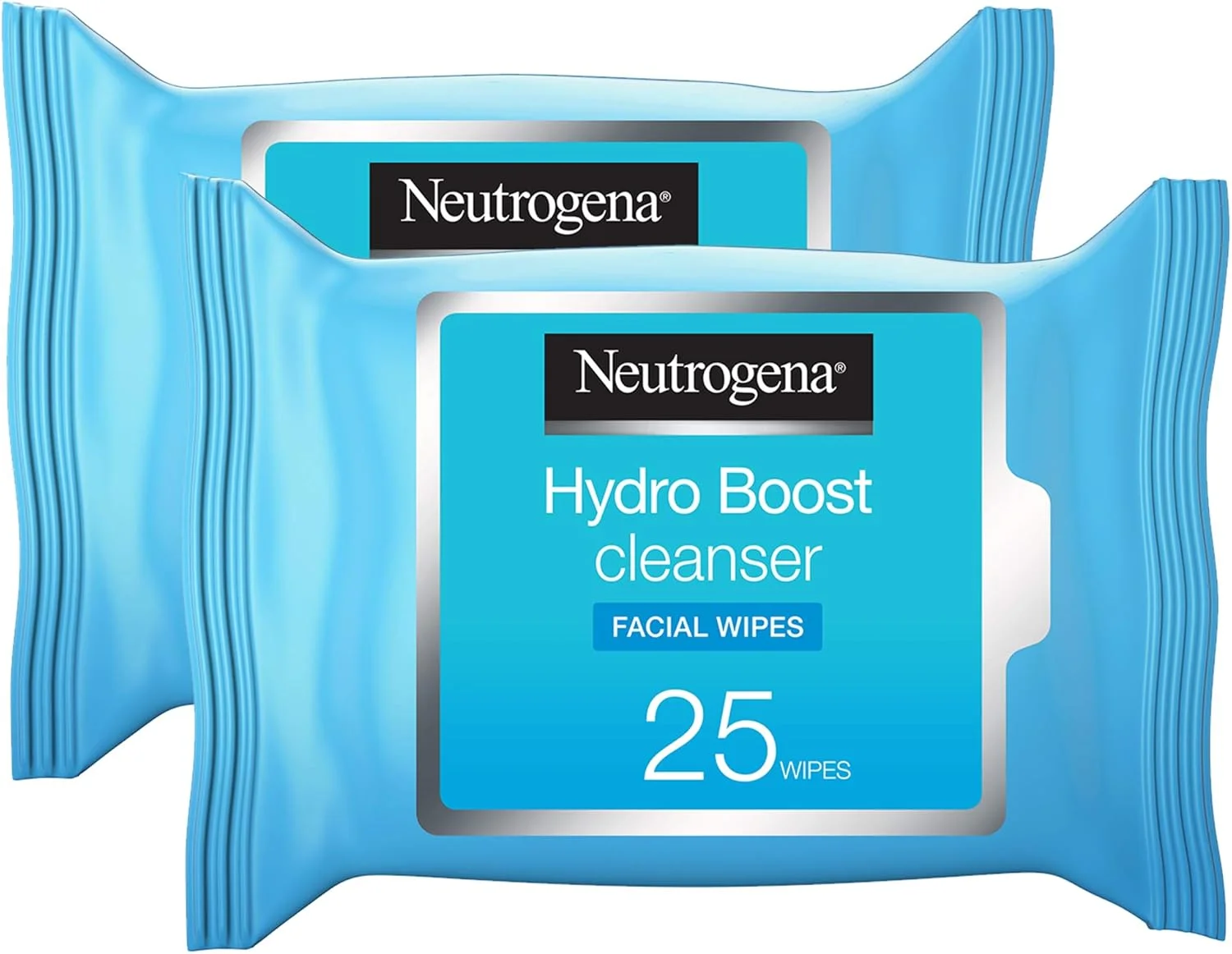 دستمال مرطوب پاک کننده آرایش نوتروژینا Hydro Boost، بسته 2 عددی 25 تایی، غنی شده با لوسیون پاک کننده تازه، حاوی اسید هیالورونیک، پاک کننده ریمل ضد آب، مناسب برای پوست های حساس