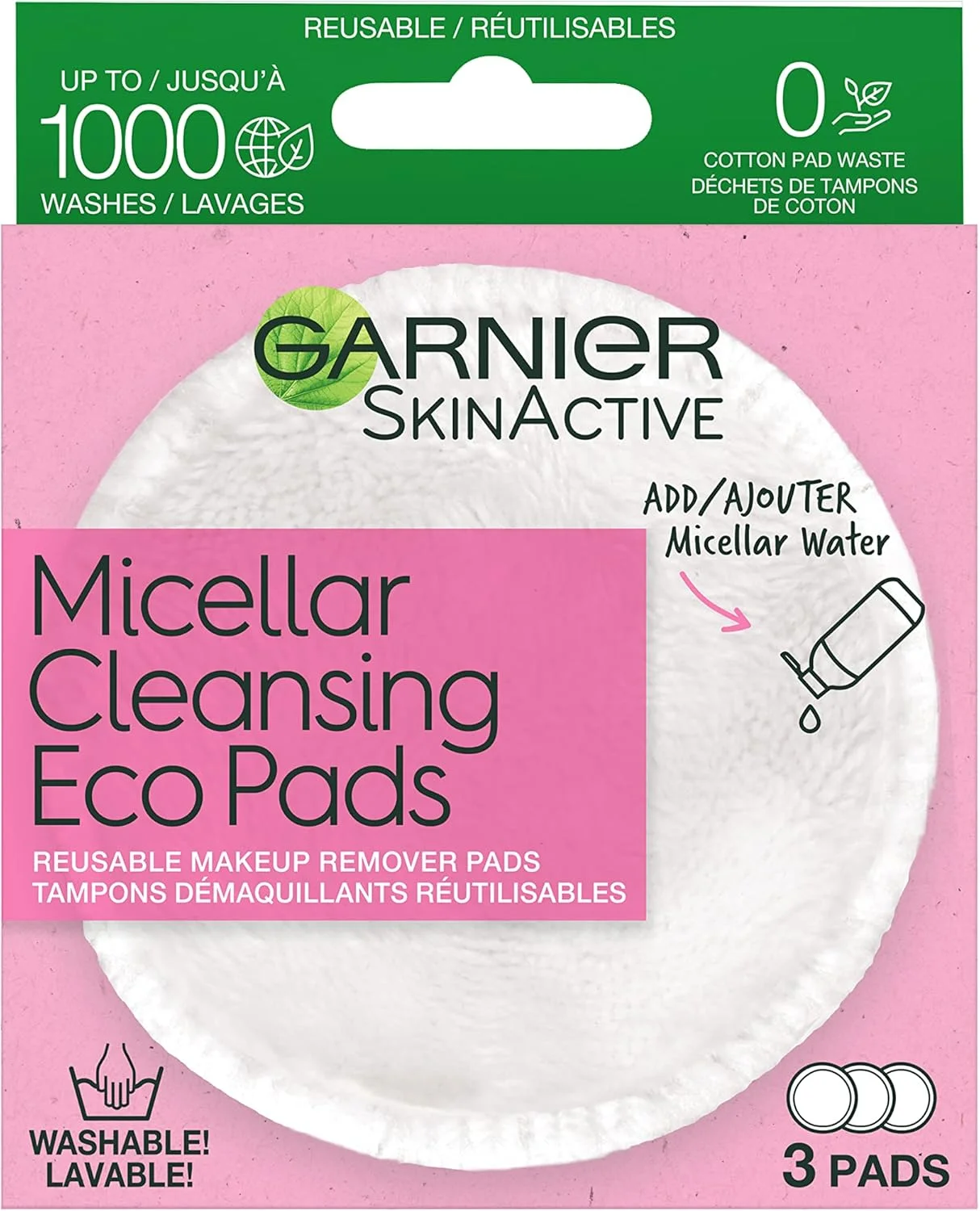 پدهای پاک کننده میسلار SkinActive گارنیه، قابل استفاده مجدد، 3 پد میکروفیبر فوق العاده نرم، 1 عدد (بسته بندی ممکن است متفاوت باشد)