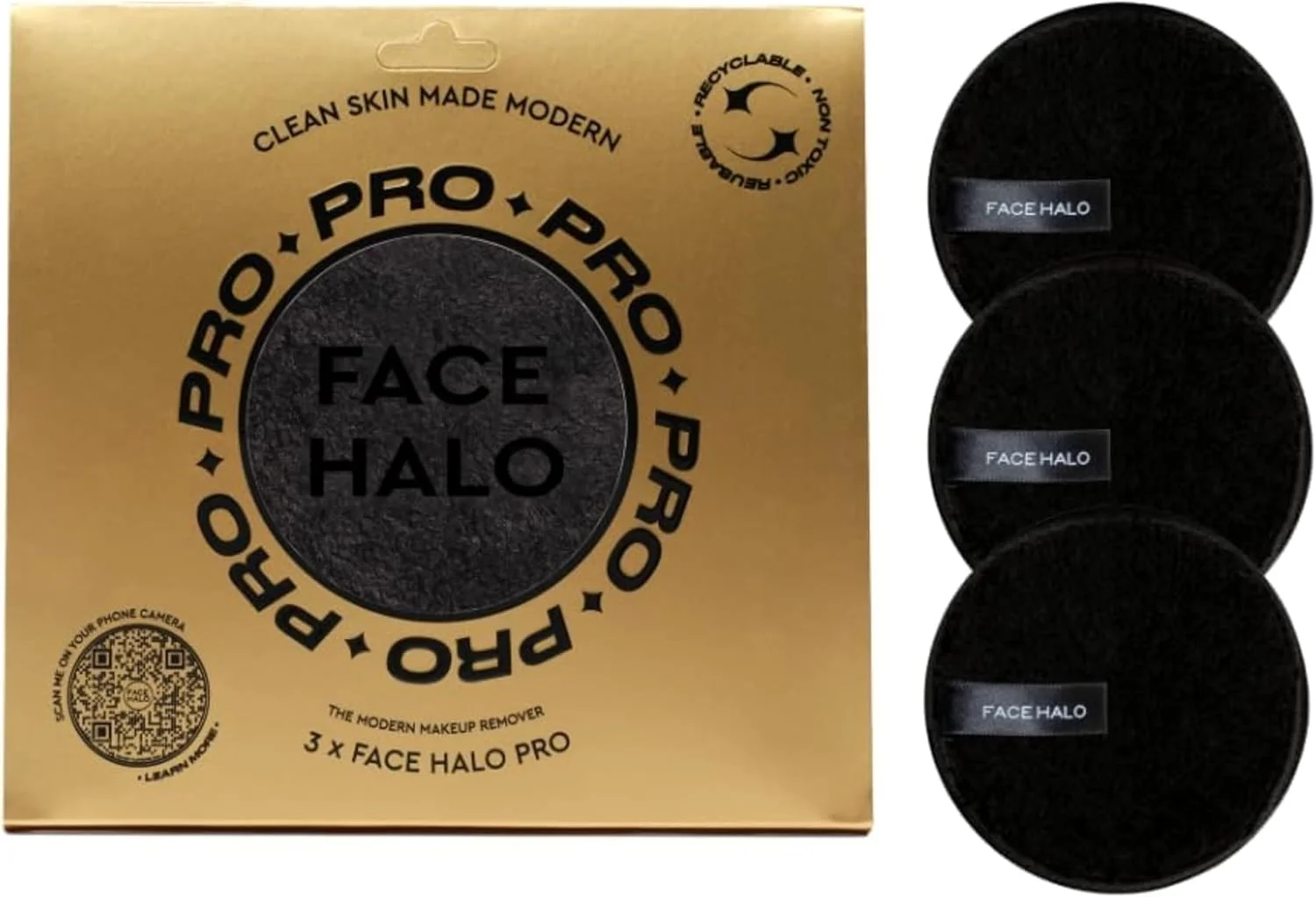 پد پاک کننده آرایش صورت Face Halo Pro، سازگار با محیط زیست، قابل استفاده مجدد، مناسب برای گیاهخواران، مشکی، ست 3 عددی (بسته 1 عددی)