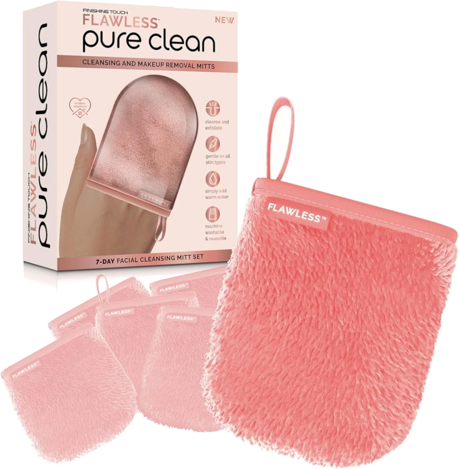 دستکش پاک کننده آرایش صورت فینیشینگ تاچ Flawless، ست پارچه پاک کننده آرایش 7 روزه Pure Clean، پدهای پاک کننده آرایش چند بار مصرف، دستمال مرطوب صورت، دستمال های آرایشی چند بار مصرف، پاک کننده و شفاف کننده صورت