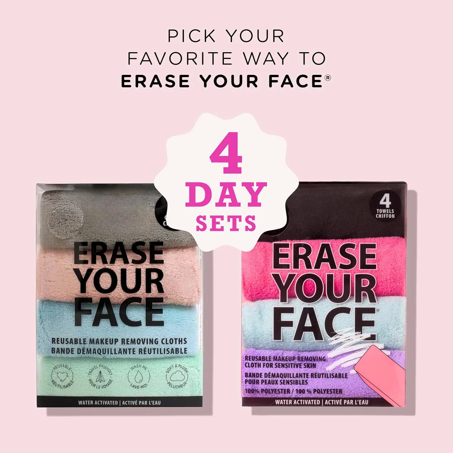 دستمال های پاک کننده آرایش چندبار مصرف سازگار با محیط زیست Danielle Creations ERASE YOUR FACE - بسته 4 عددی پاستلی