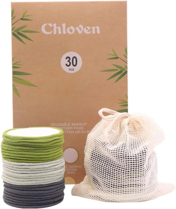 پد پاک کننده آرایش چندبار مصرف Chloven، بسته 30 عددی - پدهای پنبه ای بامبو قابل استفاده مجدد برای تونر، پدهای سازگار با محیط زیست قابل شستشو برای انواع پوست به همراه کیسه لباسشویی نخی