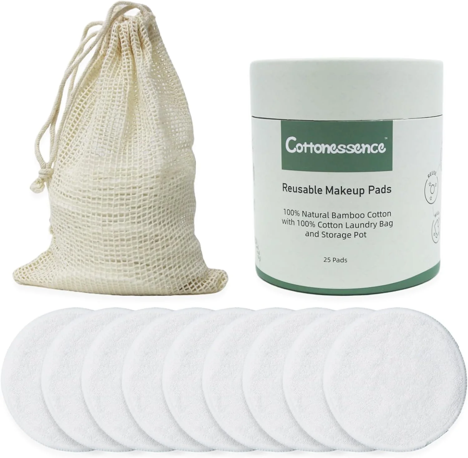 پد پاک کننده آرایش پنبه‌ای Cottonessence، بسته 25 عددی، پدهای پنبه‌ای قابل استفاده مجدد با کیسه لباسشویی قابل شستشو و جعبه گرد برای نگهداری، پدهای پنبه‌ای بامبو مناسب برای انواع پوست (1)
