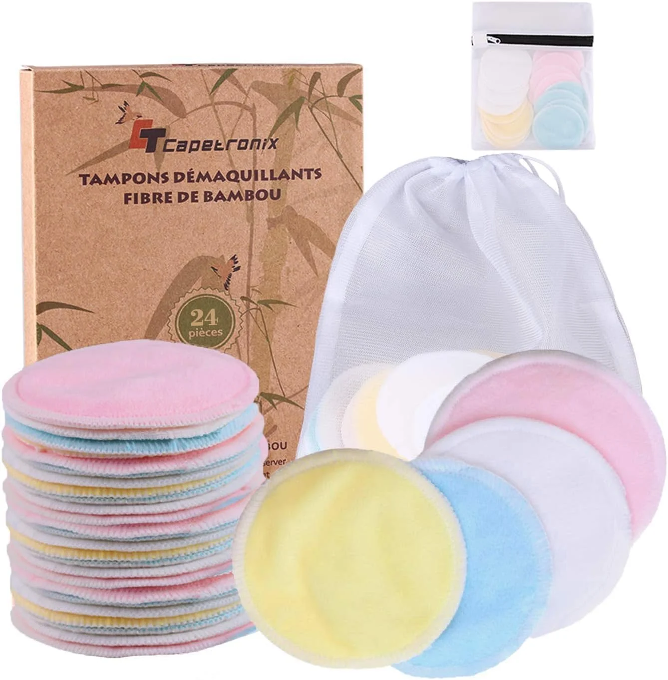 CT CAPETRONIX Reusable Makeup Remover Pads (24 Pack) with 2 Bags for Laundry & Storage, Reusable Bamboo Cotton Rounds, Eco-Friendly Reusable Cotton Pads for All Skin Types