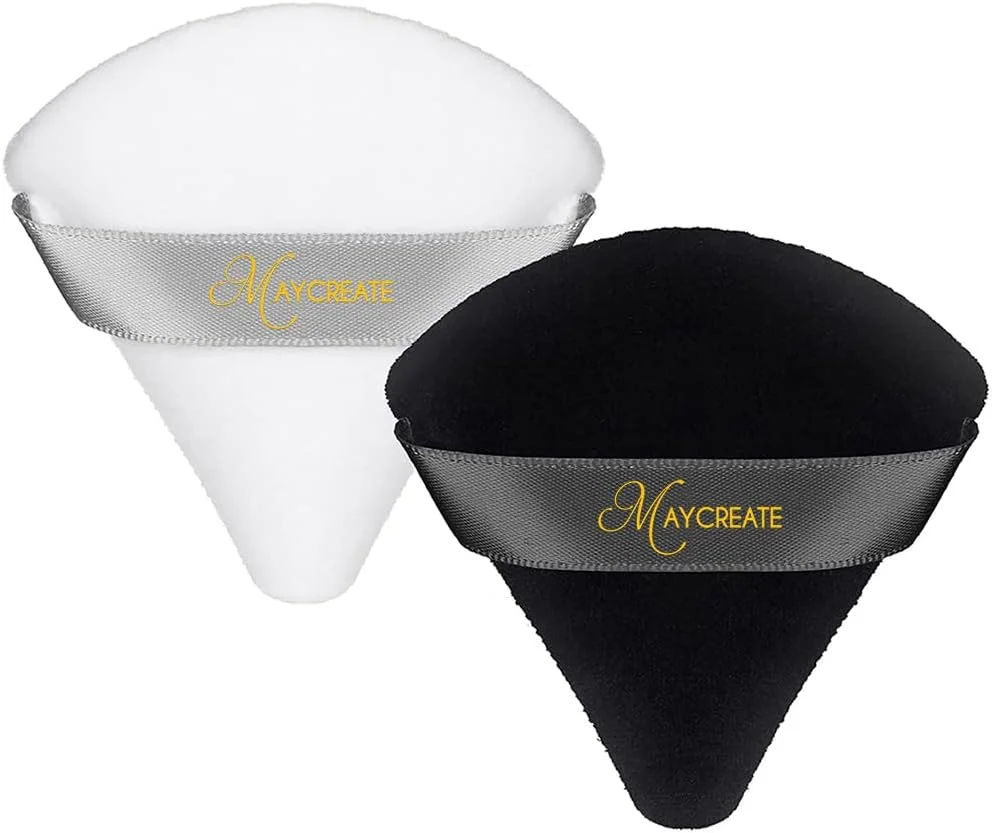 MAYCREATE® 2 عدد پد پودر پنبه ای برای صورت، استفاده خشک و مرطوب، پد آرایشی مثلثی برای پودر فیکس و پودر بدن، اسفنج مخملی شکل گوه ای برای کانتورینگ، زیر چشم و گوشه ها