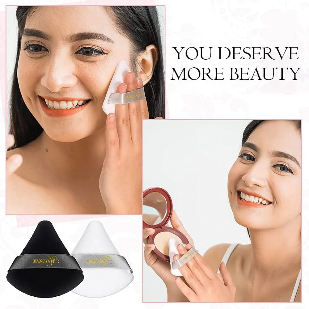 MAYCREATE® 2 عدد پد پودر پنبه ای برای صورت، استفاده خشک و مرطوب، پد آرایشی مثلثی برای پودر فیکس و پودر بدن، اسفنج مخملی شکل گوه ای برای کانتورینگ، زیر چشم و گوشه ها