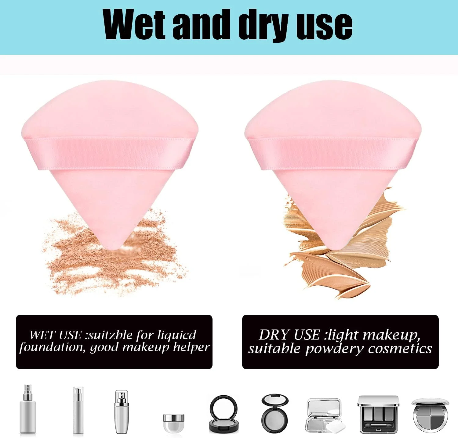 پدهای آرایشی پنبه ای مثلثی فوق العاده نرم برای استفاده خشک و مرطوب، مناسب برای تثبیت آرایش/کانسیلر/پودر فیکس و بدن/کرم پودر/رژگونه، مجموعه 8 عددی (صورتی)