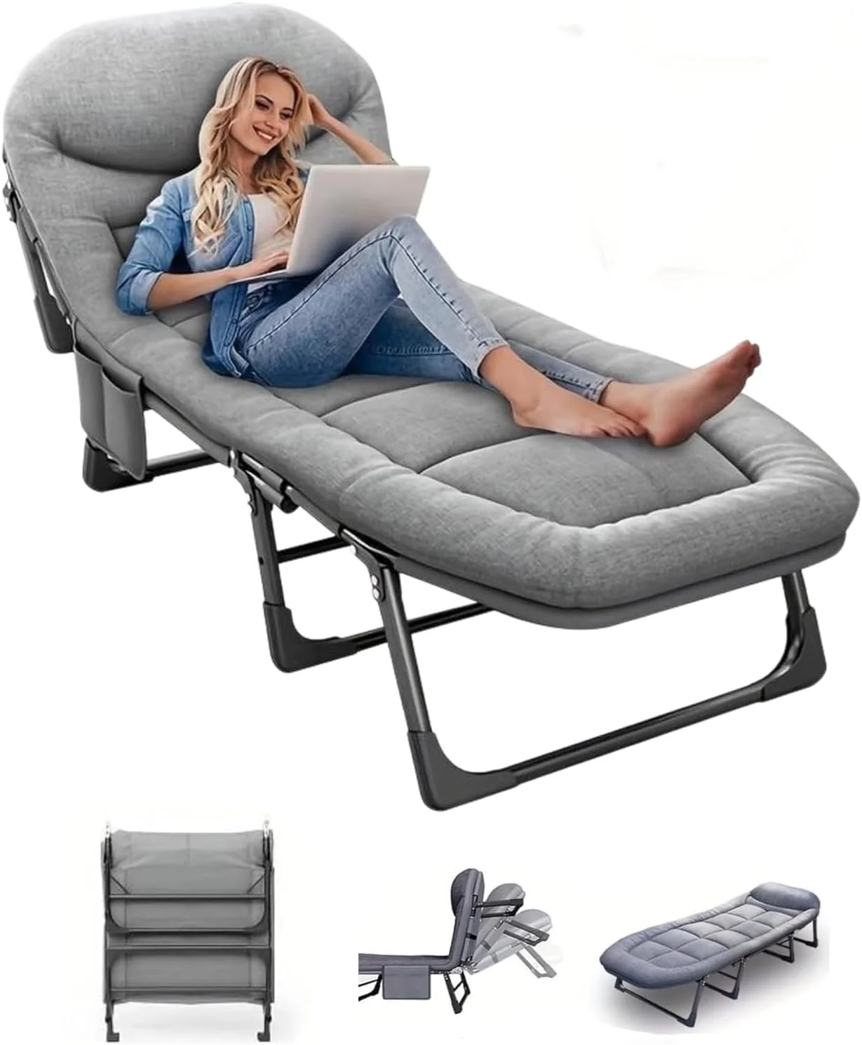 تخت تاشو کمپینگ Beauenty، تخت تاشو ساده با تشک فوم حافظه‌دار و پشتی قابل تنظیم، تختخواب قابل حمل فضای باز، صندلی استراحت تخت قابل تنظیم برای دفتر و کمپینگ 200x65 سانتی‌متر (خاکستری)