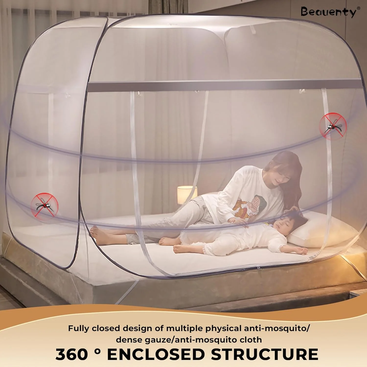 توری پشه بند تاشو Beauenty مناسب تخت خواب، 150 * 200 سانتی متر، دارای دو درب، توری پشه بند قابل حمل با کف توری، مناسب برای استفاده در فضای داخلی، خارجی و کمپینگ (صورتی کثیف)