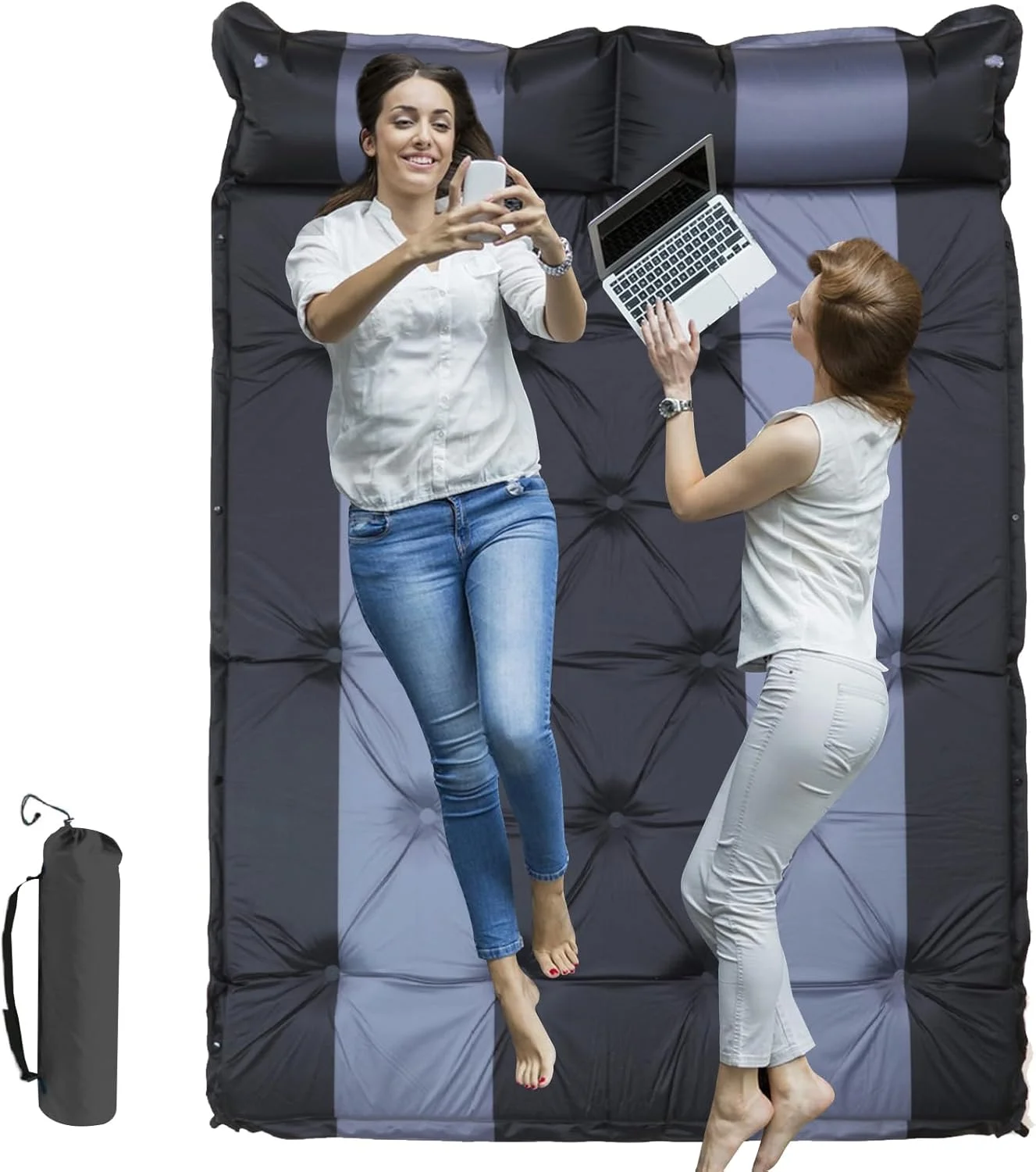 تشک بادی کمپینگ دو نفره قابل حمل Beauenty، تشک خواب خود باد شونده 4 فصل، پمپ داخلی، تشک بادی سبک وزن بزرگسالان برای مسافرت و پیاده روی (خاکستری مشکی)