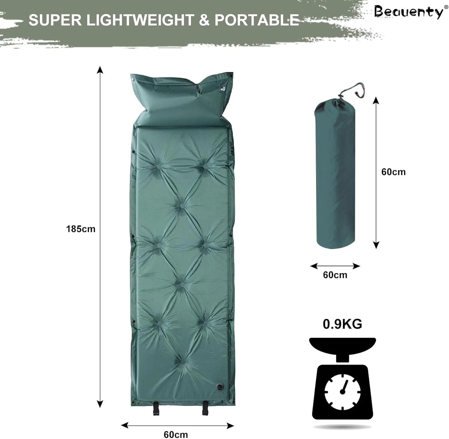 تشک بادی سفری قابل حمل Beauenty، تشک خواب خود بادشو 4 فصل، پمپ داخلی، تشک بادی سبک وزن کمپینگ (سبز)