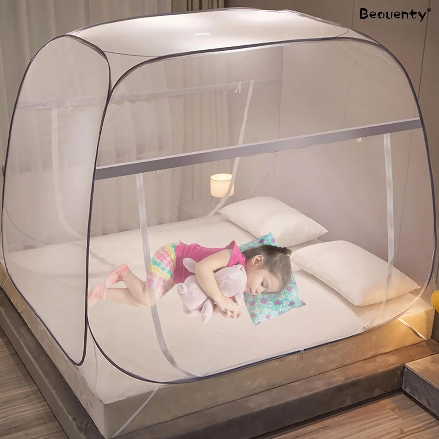 توری پشه بند تاشو Beauenty مناسب تخت خواب، 150 * 200 سانتی متر، دارای دو درب، توری پشه بند قابل حمل با کف توری، مناسب برای استفاده در فضای داخلی، خارجی و کمپینگ (صورتی کثیف)