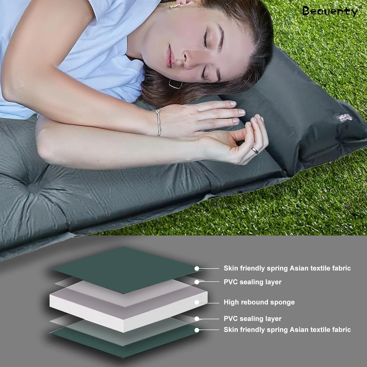 تشک بادی سفری قابل حمل Beauenty، تشک خواب خود بادشو 4 فصل، پمپ داخلی، تشک بادی سبک وزن کمپینگ (سبز)