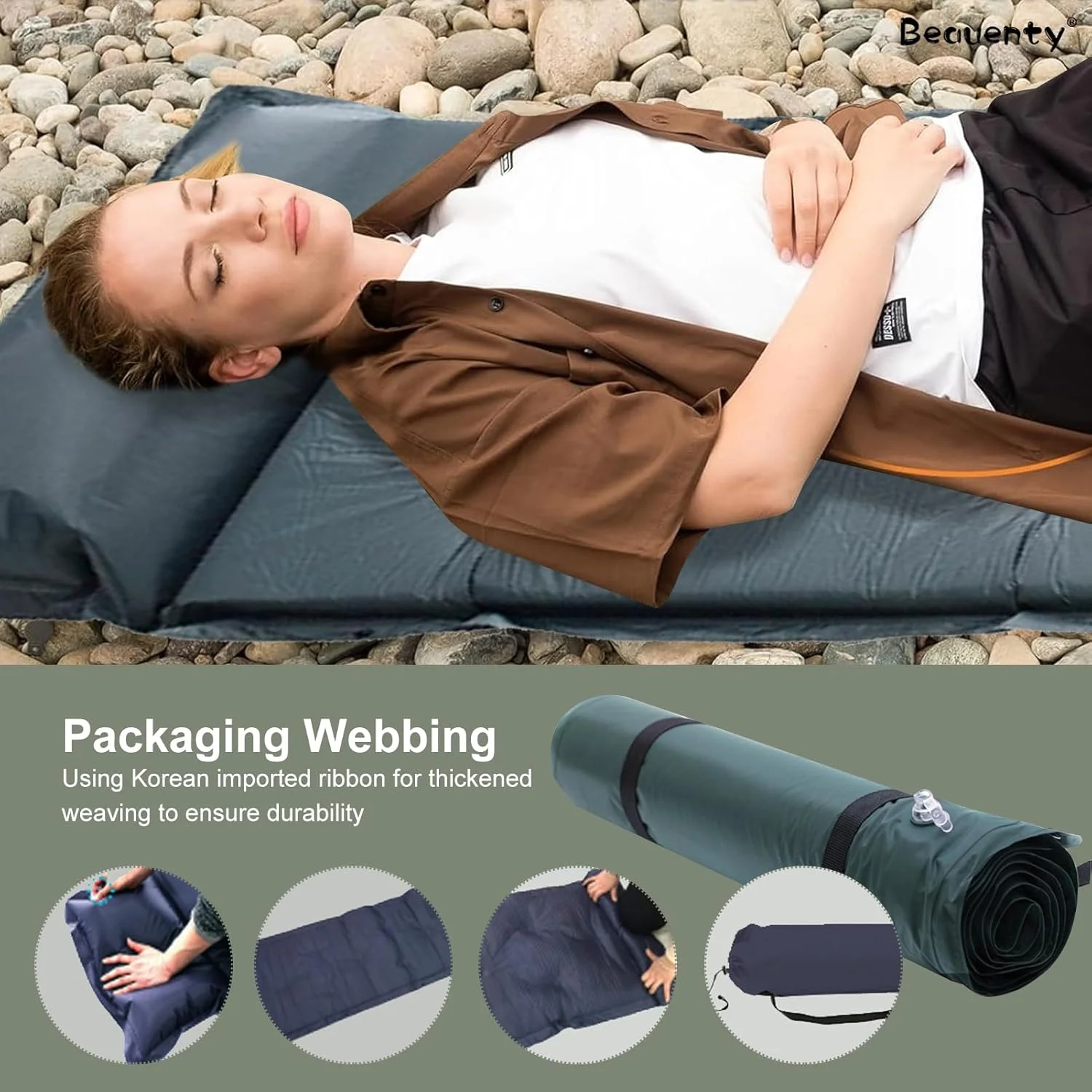 تشک بادی سفری قابل حمل Beauenty، تشک خواب خود بادشو 4 فصل، پمپ داخلی، تشک بادی سبک وزن کمپینگ (سبز)