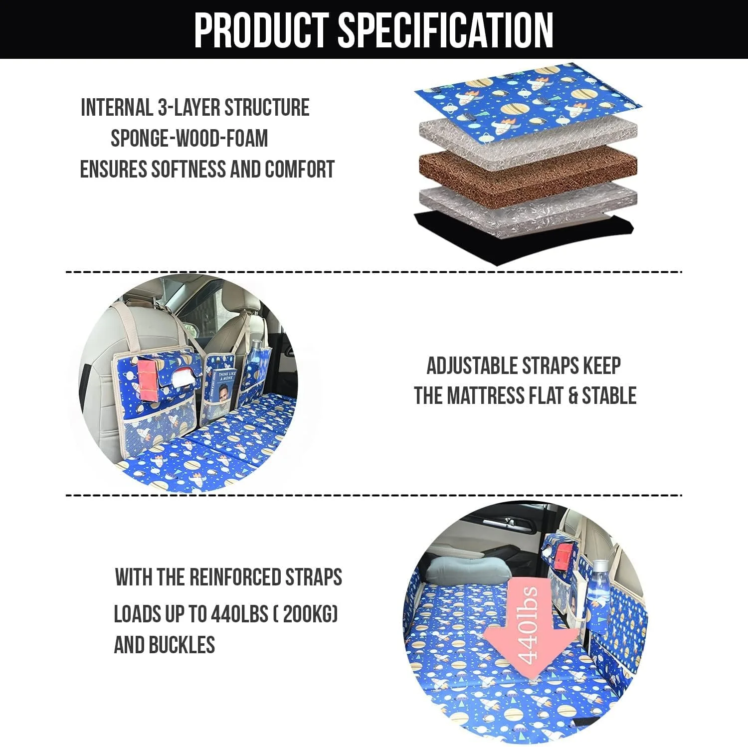 تشک بادی غیر بادی خودرو Allextreme CB-S05 با طراحی تاشو و قابل حمل، پارچه پلی استر، تشک خواب صندلی عقب و سازمان دهنده چند منظوره برای مسافرت، کمپینگ و پیک نیک نوزاد و کودک (آبی)