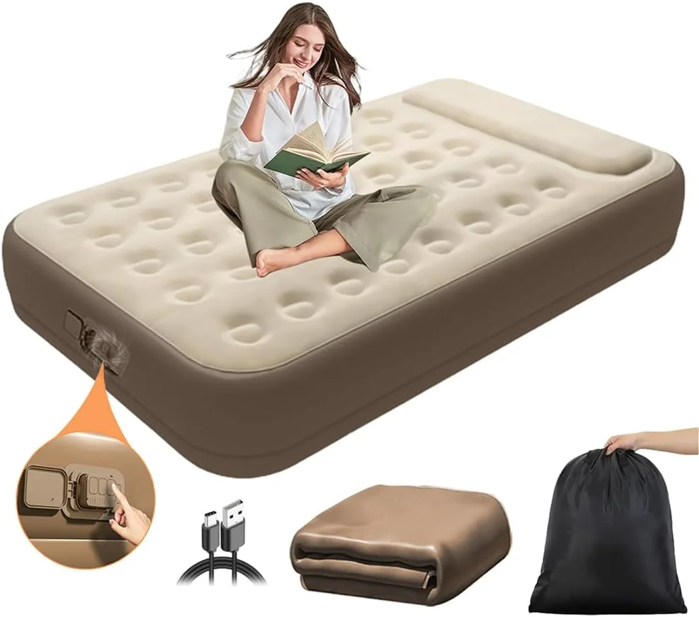 تخت بادی اتوماتیک با پمپ داخلی، تشک بادی BOOM با رویه مخملی، تشک بادی کمپینگ با پمپ بی سیم در 1 دقیقه، تخت بادی لوکس برای خانه، کمپینگ و مهمان (190 * 100 * 25 سانتی متر)