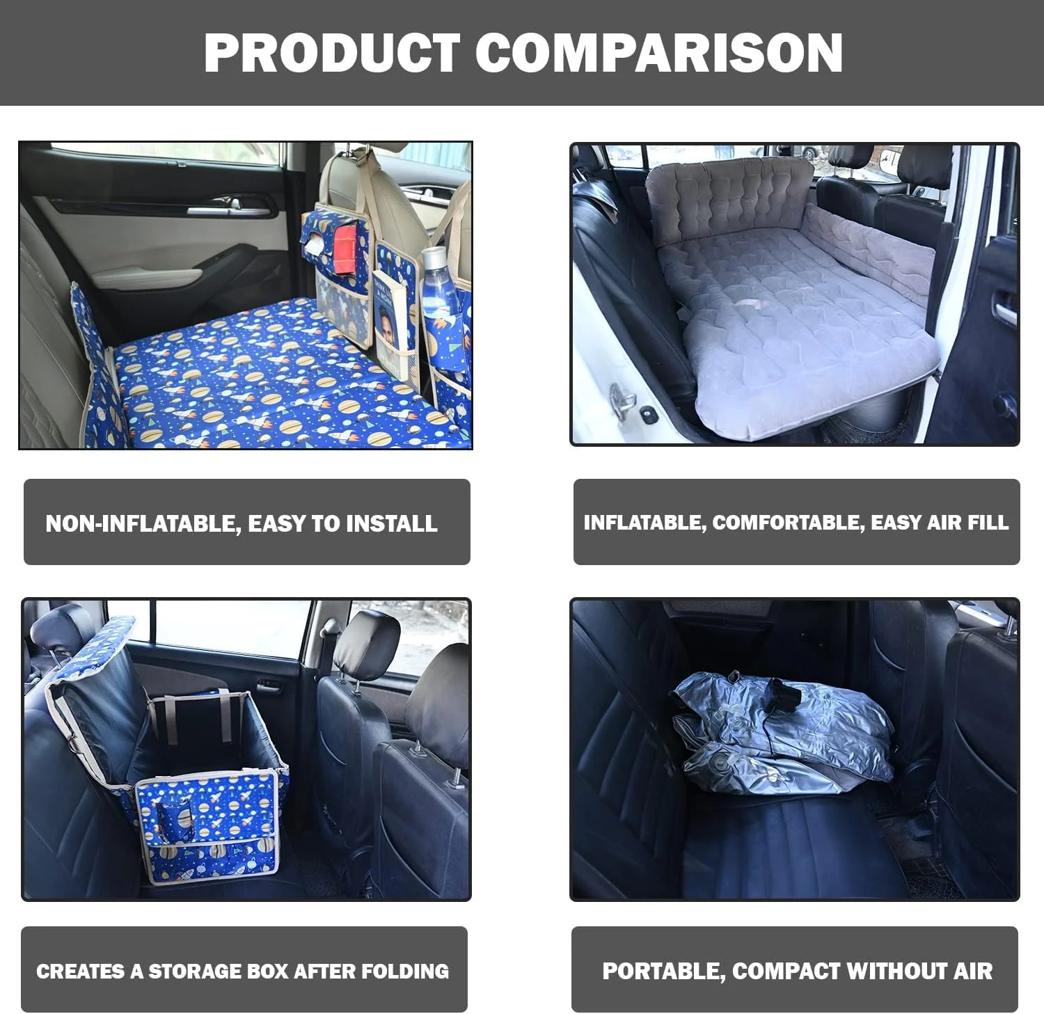 تشک بادی غیر بادی خودرو Allextreme CB-S05 با طراحی تاشو و قابل حمل، پارچه پلی استر، تشک خواب صندلی عقب و سازمان دهنده چند منظوره برای مسافرت، کمپینگ و پیک نیک نوزاد و کودک (آبی)