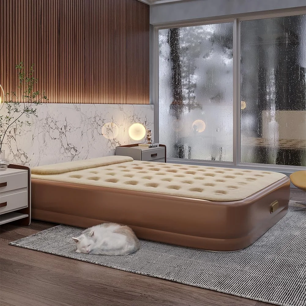 تخت بادی اتوماتیک با پمپ داخلی، تشک بادی BOOM با رویه مخملی، تشک بادی کمپینگ با پمپ بی سیم در 1 دقیقه، تخت بادی لوکس برای خانه، کمپینگ و مهمان (190 * 100 * 25 سانتی متر)