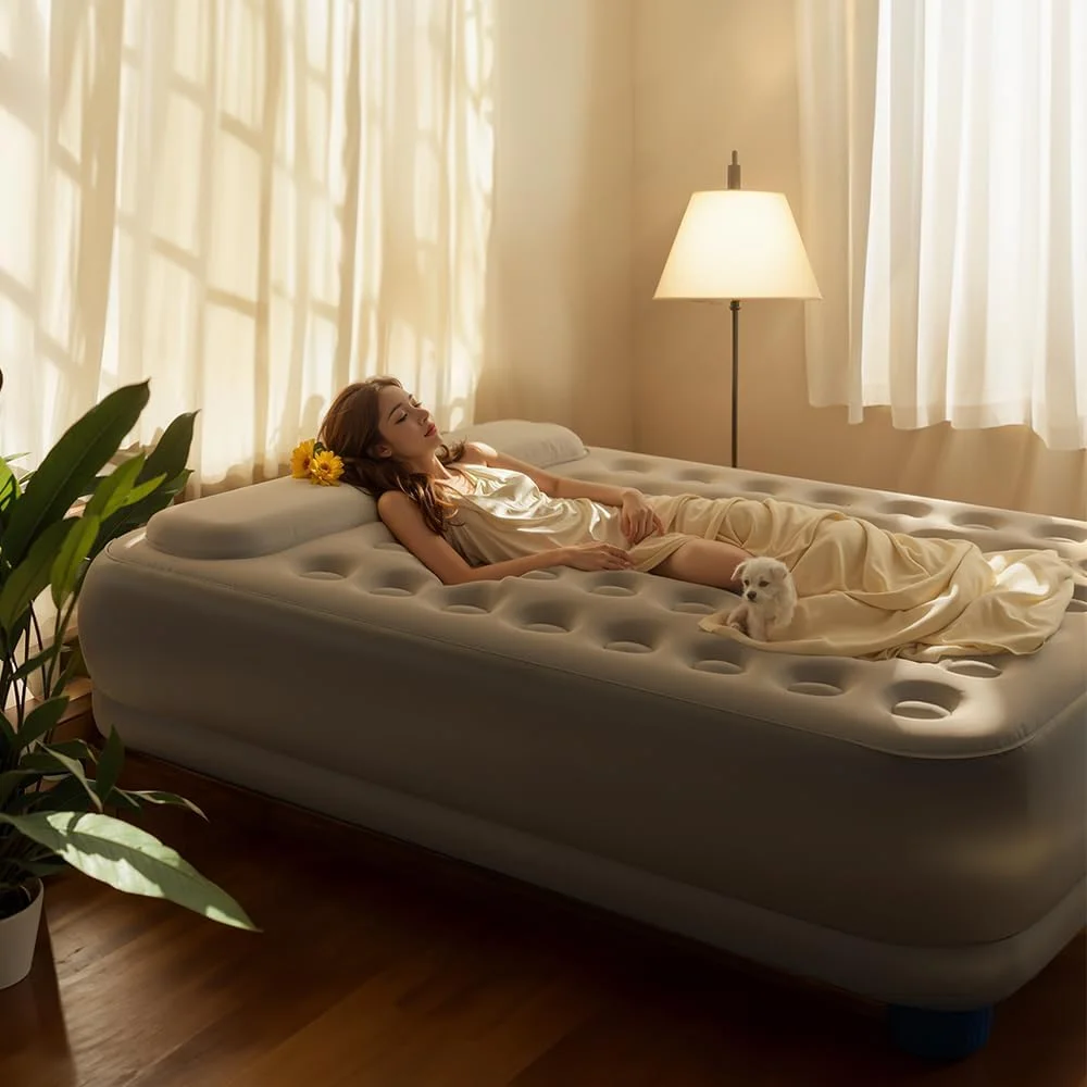 تخت بادی اتوماتیک با پمپ داخلی، تشک بادی BOOM با رویه مخملی، تشک بادی کمپینگ با پمپ بی سیم در 1 دقیقه، تخت بادی لوکس برای خانه، کمپینگ و مهمان (190 * 100 * 25 سانتی متر)