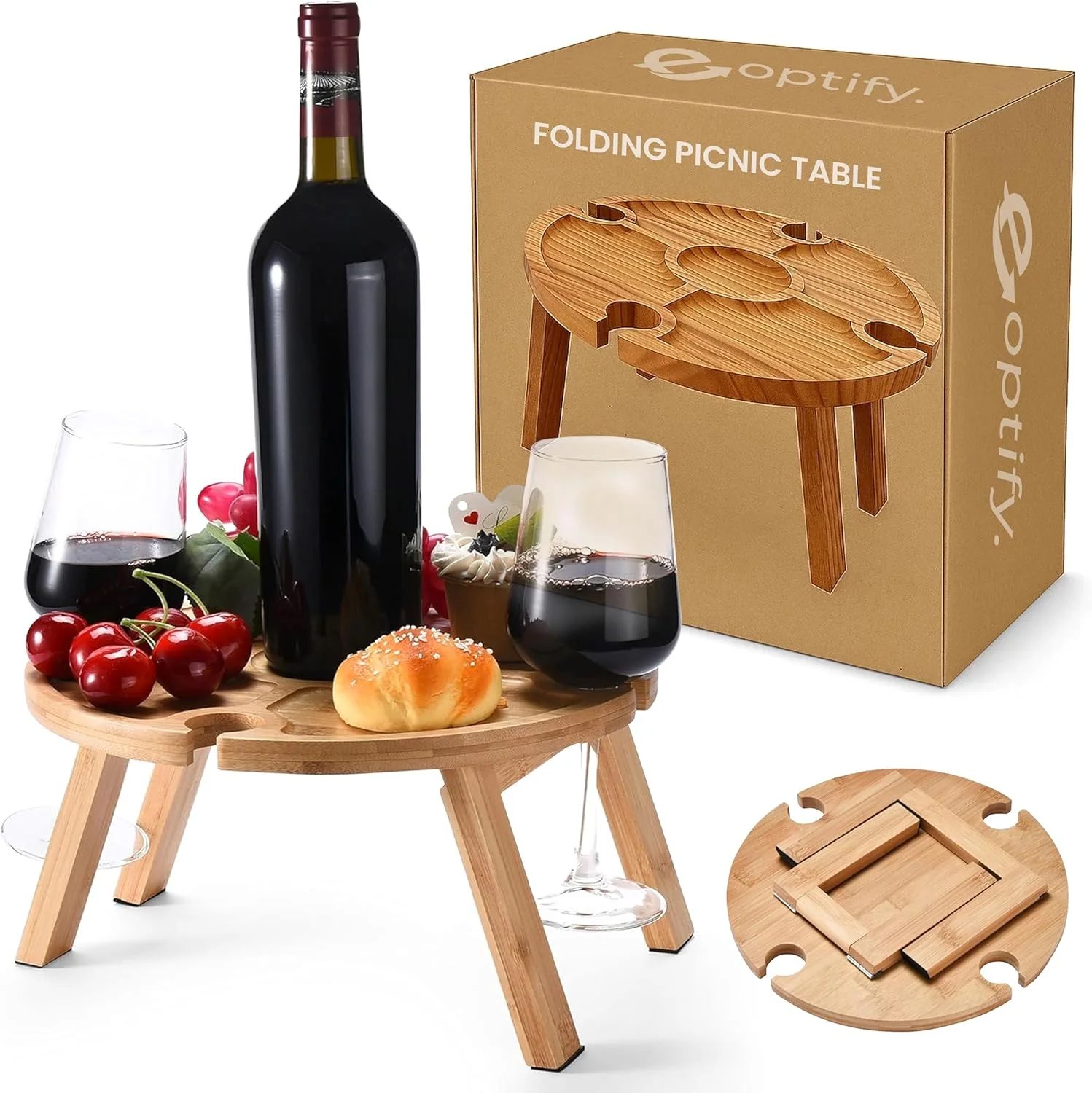 میز پیک نیک تاشو چوبی EOPTIFY، میز کوچک قابل حمل چوبی ساحلی با جداکننده و جای 4 لیوان شراب، میز برای باغ، کمپینگ، مهمانی، ساحل، شام در فضای باز، میز چوبی با پایه های تاشو