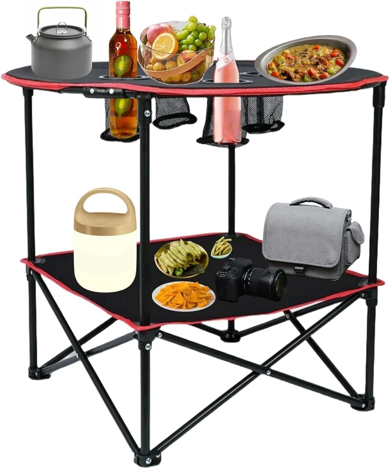 میز تاشو کمپینگ قابل حمل JDLYEVER - میز ناهارخوری تاشو فضای باز با 4 جای لیوان - ایده آل برای ساحل، پیک نیک، کمپینگ - پارچه آکسفورد ضد آب 600D بادوام - 72.8x61.9x50.8 سانتی متر - قاب آلیاژ آلومینیوم