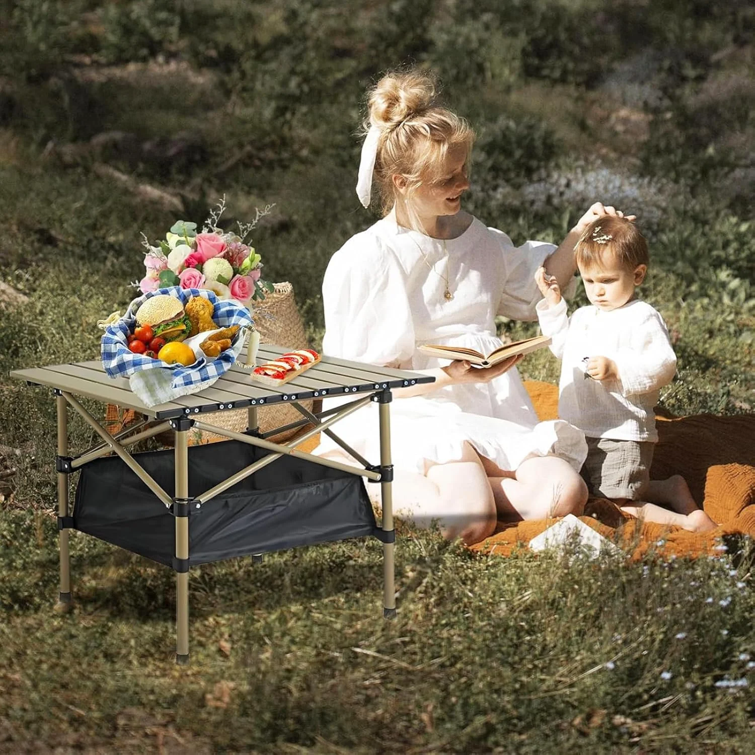 میز تاشو کمپینگ HEYInova، میز کمپینگ قابل حمل، قابل تنظیم، میز کمپ کوچک فوق سبک با کیف نگهداری برای پیک نیک کمپینگ در فضای باز، باربیکیو، ساحل (53 * 52 * 50 سانتی متر)