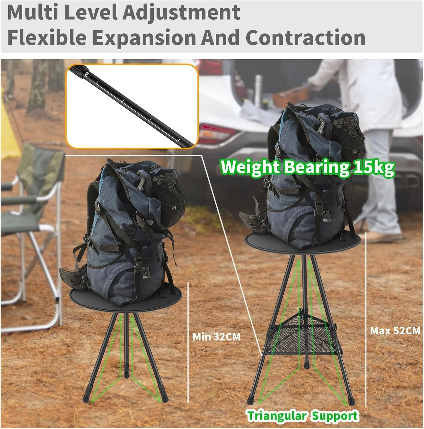 ZERIFAM Outdoor Folding Round Table,Camping Tables, Outdoor Adjustable Height Portable Picnic Camping Table with Adjustable Leg, Carrying Bag and Mesh Storage Organizer for Camping, Picnic, Beach, BBQ