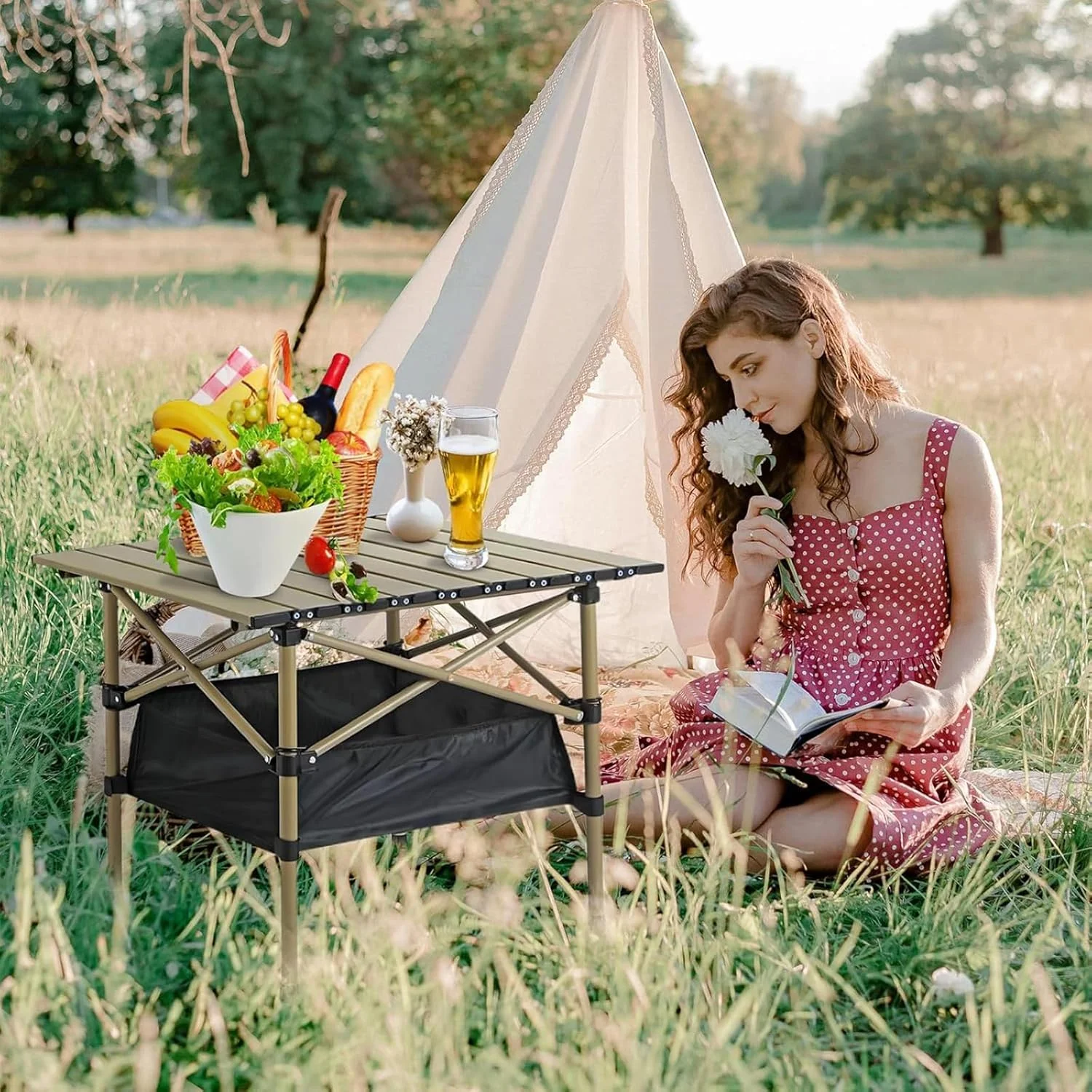 میز تاشو کمپینگ HEYInova، میز کمپینگ قابل حمل، قابل تنظیم، میز کمپ کوچک فوق سبک با کیف نگهداری برای پیک نیک کمپینگ در فضای باز، باربیکیو، ساحل (53 * 52 * 50 سانتی متر)