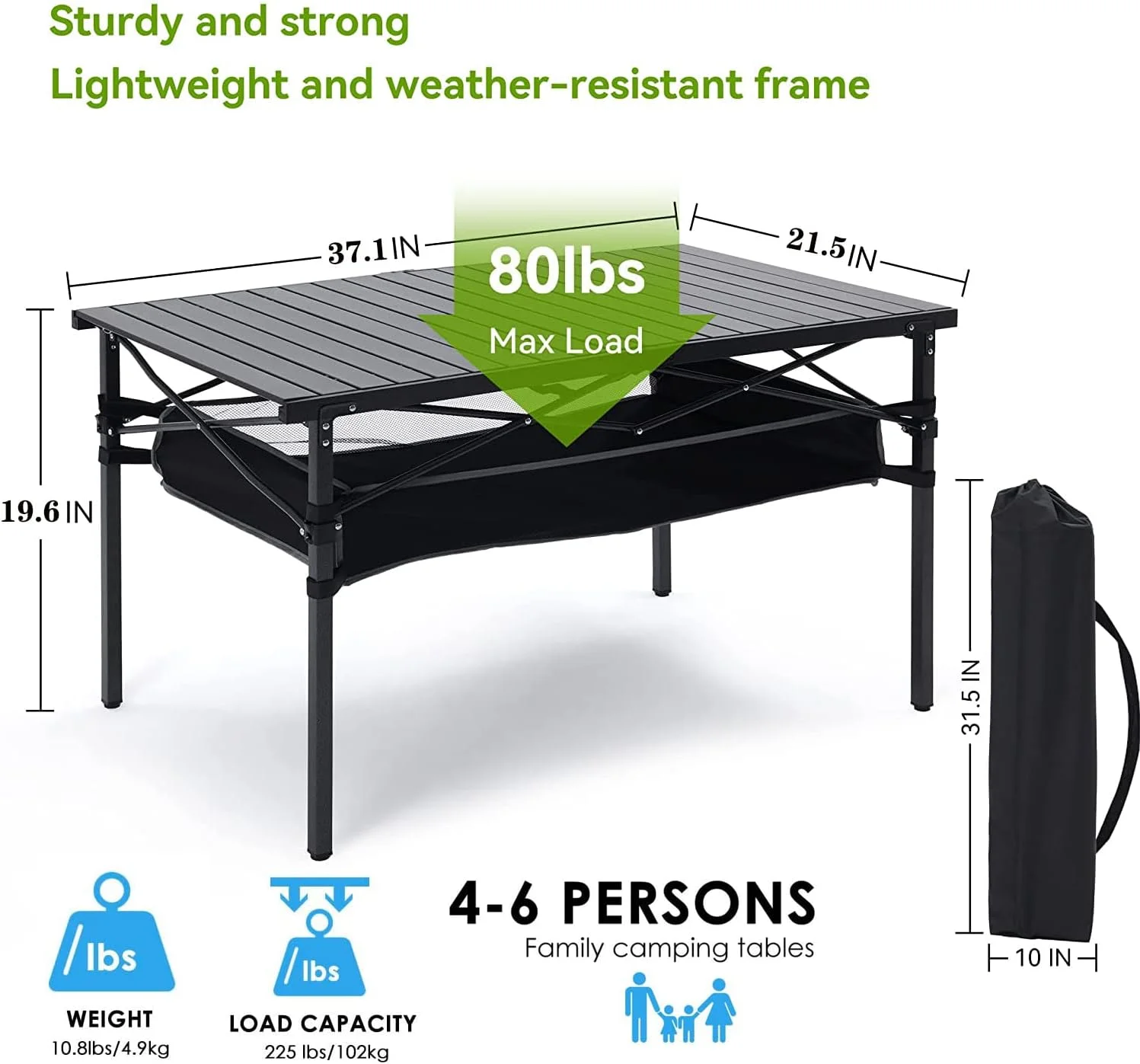 میز تاشو کمپینگ GGEROU با کیف حمل، میز پیک نیک تاشو آلومینیومی قابل حمل، میز تاشو ساحلی برای کمپینگ، پیک نیک، ماهیگیری و باربیکیو، مناسب برای 4-6 نفر (21 * 37 اینچ)