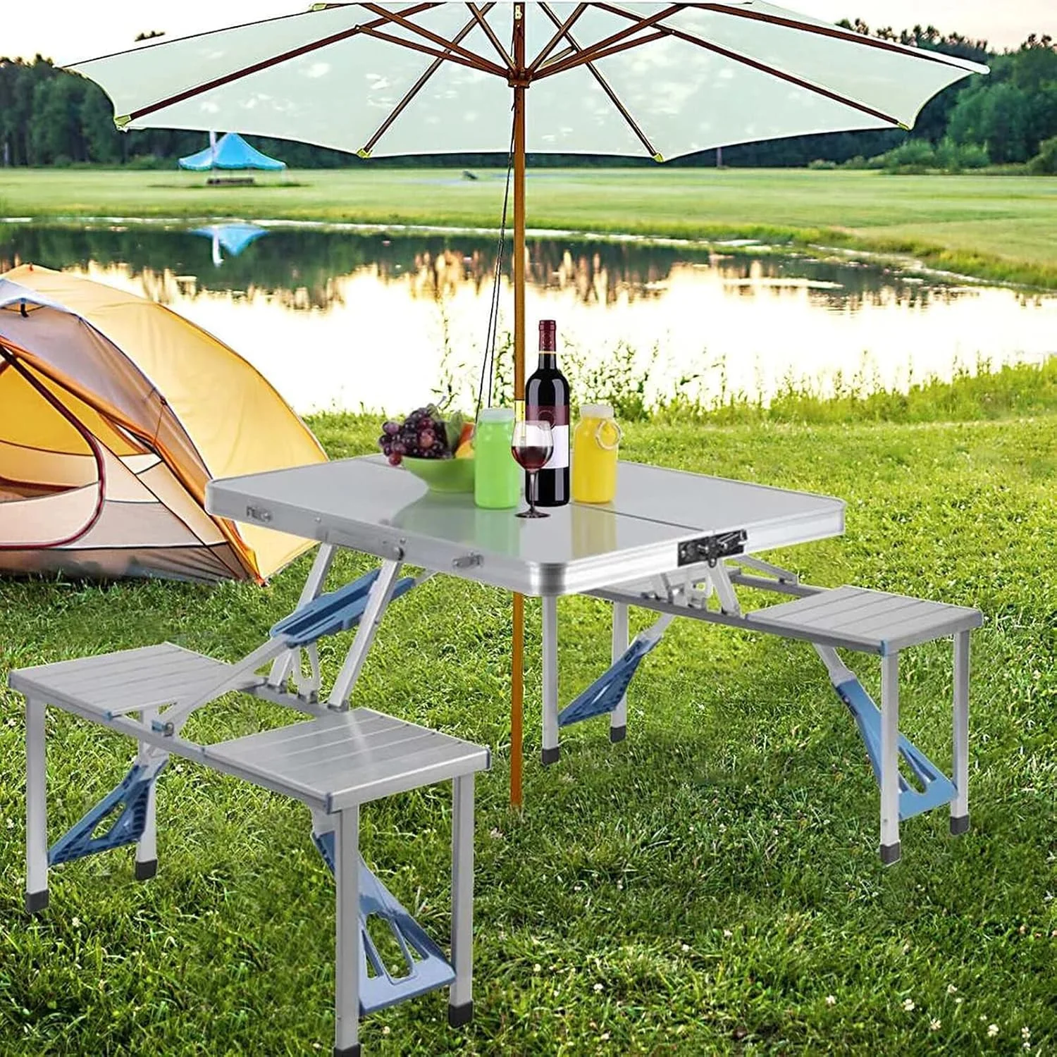 ست میز و صندلی تاشو، میز پیک نیک کمپینگ تاشو قابل حمل، با 4 صندلی و سوراخ چتر، مناسب برای پیک نیک و مسافرت در فضای باز، 33.6 اینچ ست میز و صندلی تاشو، میز پیک نیک کمپینگ تاشو قابل حمل، با 4 صندلی و سوراخ چتر، مناسب برای پیک نیک و مسافرت در فضای باز، 33.6 اینچ