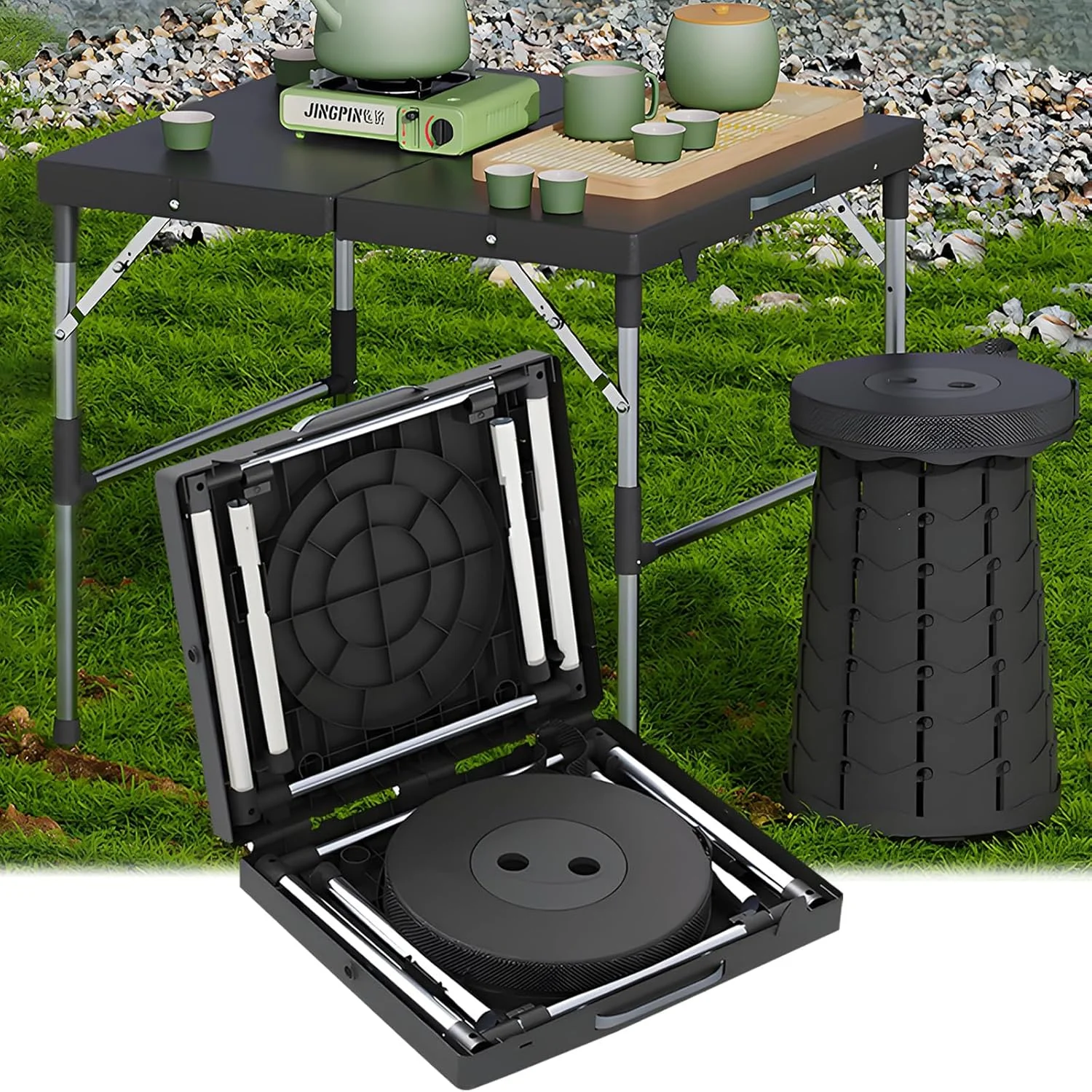 ست میز و صندلی تاشو سفری FLOVESUNS، صندلی کمپینگ با قابلیت تنظیم ارتفاع، مناسب برای سفر، پیک نیک، ساحل، ماهیگیری، میز کوچک و محکم فضای باز (مشکی) ست میز و صندلی تاشو سفری FLOVESUNS، صندلی کمپینگ با قابلیت تنظیم ارتفاع، مناسب برای سفر، پیک نیک، ساحل، ماهیگیری، میز کوچک و محکم فضای باز (مشکی)