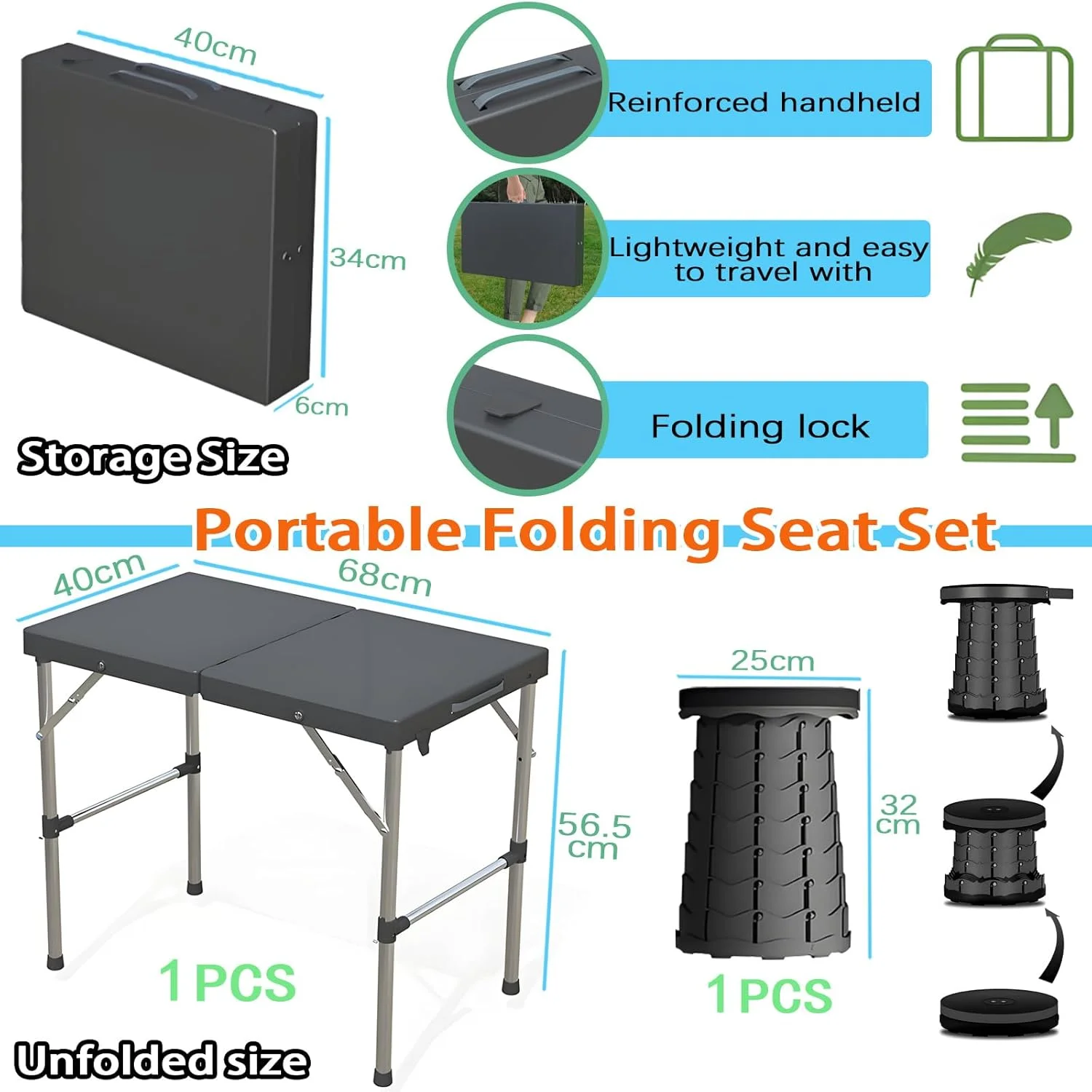 ست میز و صندلی تاشو سفری FLOVESUNS، صندلی کمپینگ با قابلیت تنظیم ارتفاع، مناسب برای سفر، پیک نیک، ساحل، ماهیگیری، میز کوچک و محکم فضای باز (مشکی)