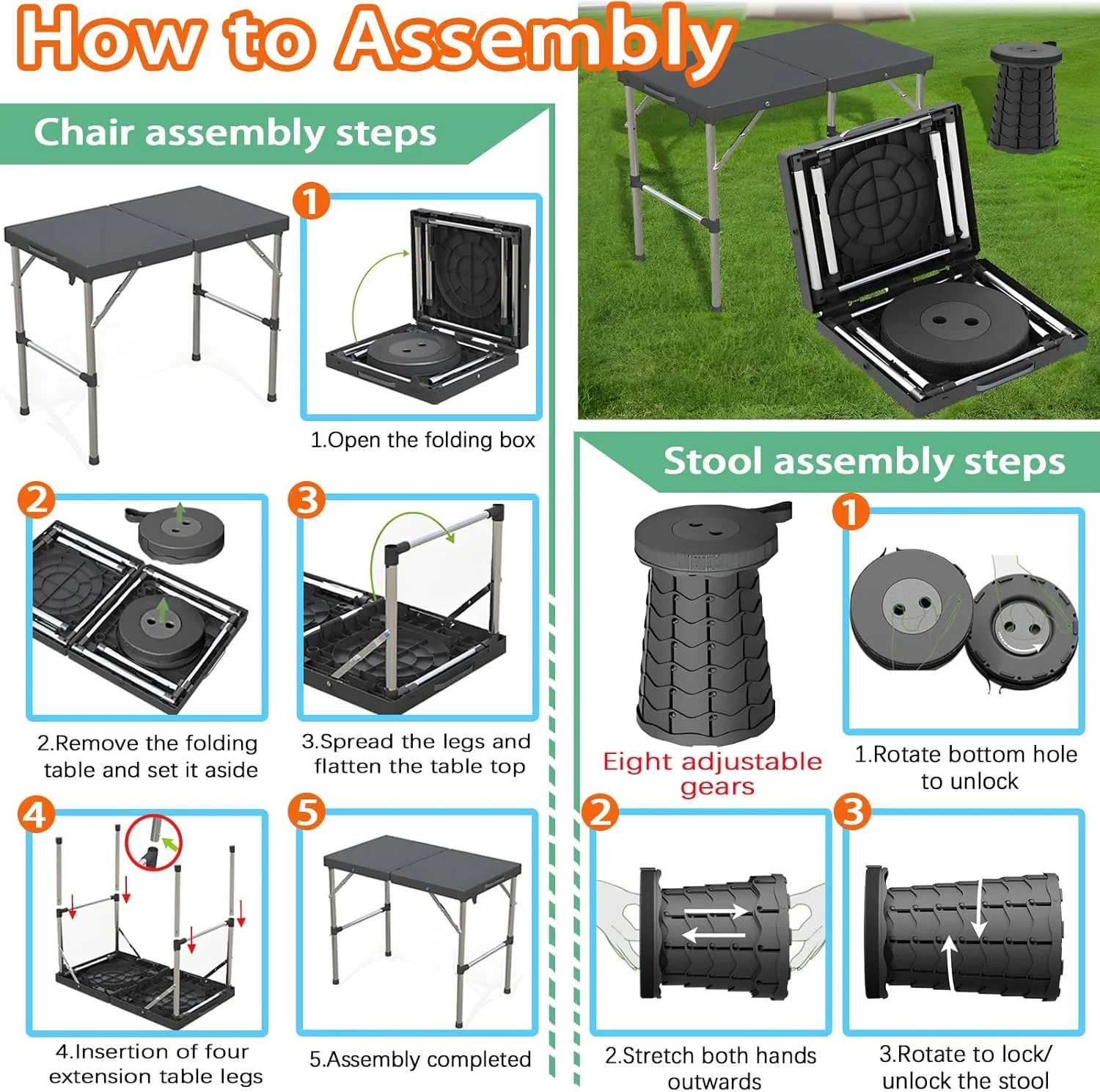 ست میز و صندلی تاشو سفری FLOVESUNS، صندلی کمپینگ با قابلیت تنظیم ارتفاع، مناسب برای سفر، پیک نیک، ساحل، ماهیگیری، میز کوچک و محکم فضای باز (مشکی)