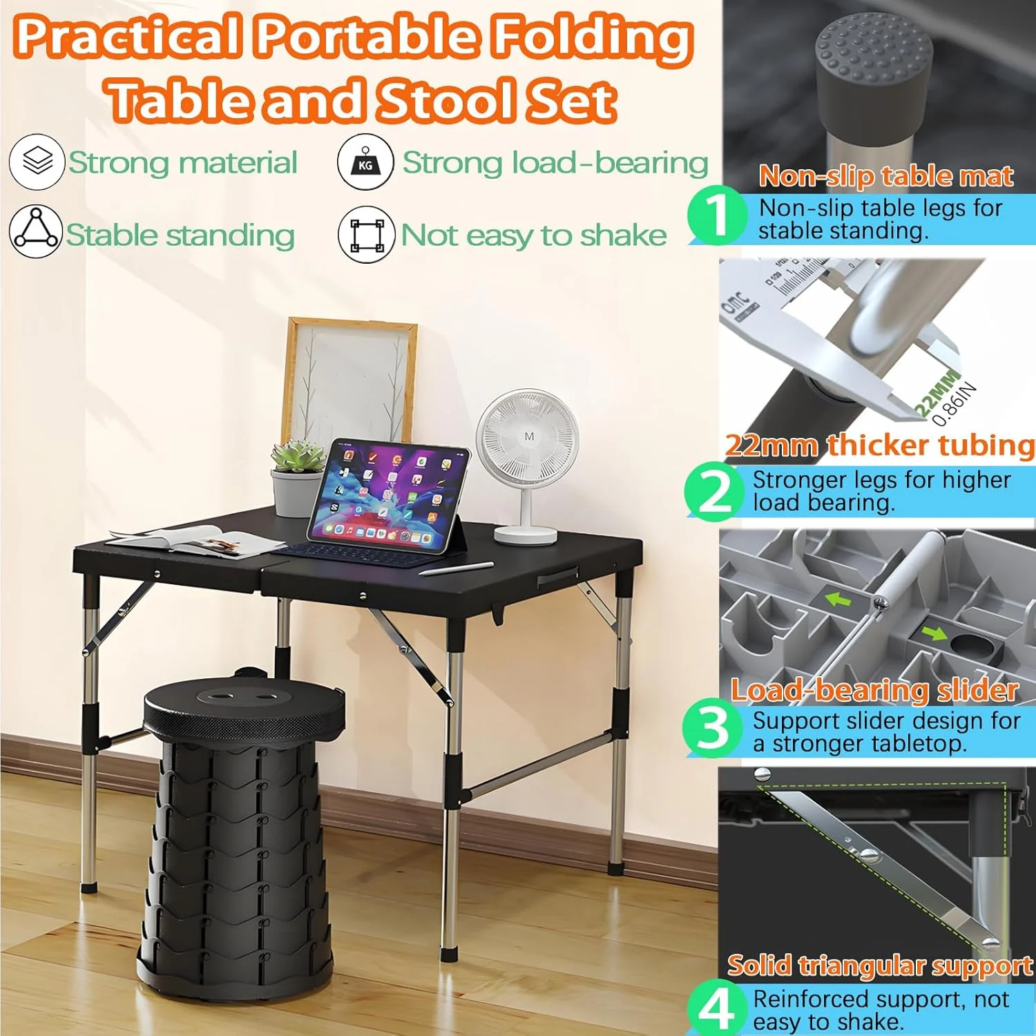 ست میز و صندلی تاشو سفری FLOVESUNS، صندلی کمپینگ با قابلیت تنظیم ارتفاع، مناسب برای سفر، پیک نیک، ساحل، ماهیگیری، میز کوچک و محکم فضای باز (مشکی)