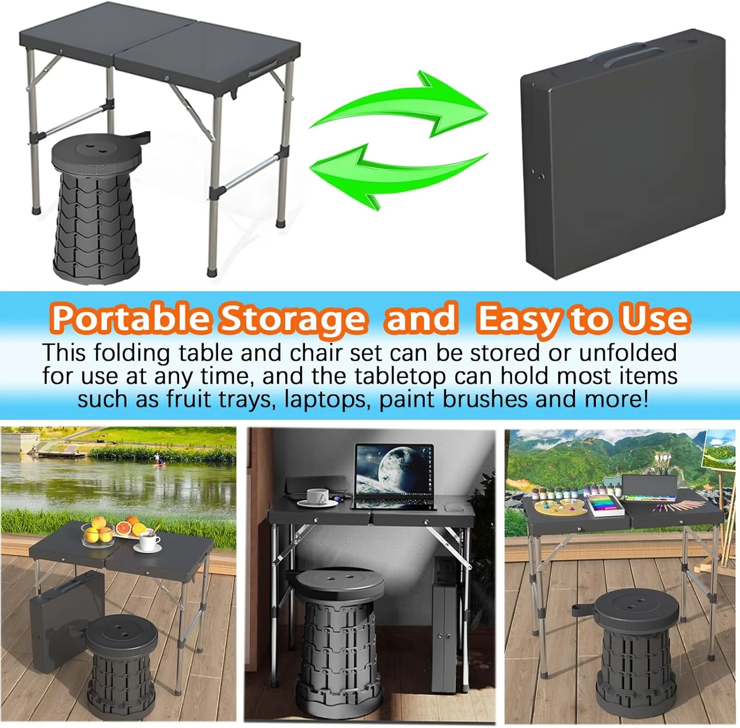 ست میز و صندلی تاشو سفری FLOVESUNS، صندلی کمپینگ با قابلیت تنظیم ارتفاع، مناسب برای سفر، پیک نیک، ساحل، ماهیگیری، میز کوچک و محکم فضای باز (مشکی)