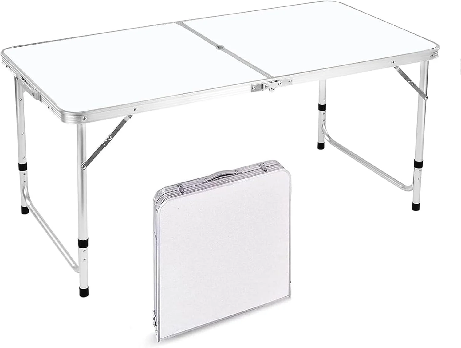 میز تاشو کمپینگ و فضای باز ROUNY، میز پیک نیک تاشو قابل تنظیم با سوراخ سایبان، میز پلاستیکی تاشو ساحلی سنگین با دسته حمل، میزهای تاشو، میزهای قابل حمل برای مهمانی باربیکیو