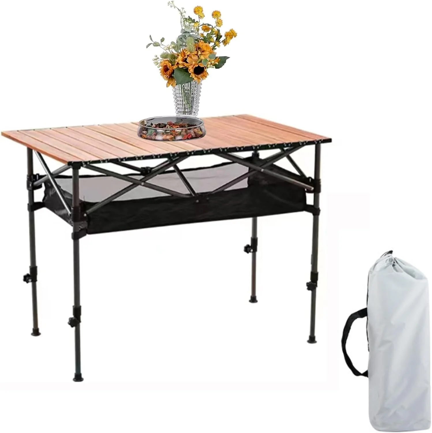 میز تاشو کمپینگ بئوتی، میز پیک نیک کمپینگ سبک وزن با کیف حمل، میز کوله گردی قابل تنظیم برای باربیکیو در فضای باز، حیاط خلوت، ساحل (چوب)