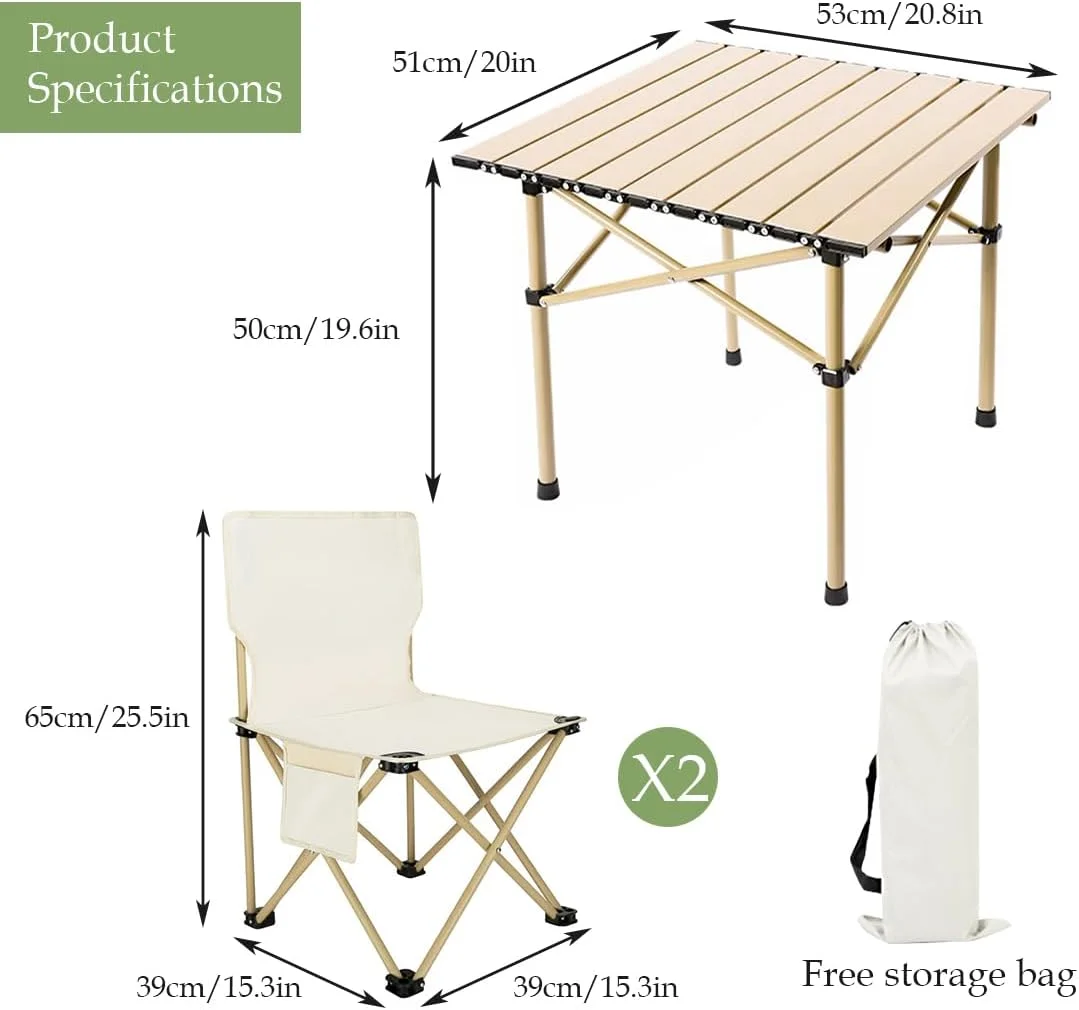 ست میز تاشو کمپینگ سولرکنم، سبک وزن، میز رول آپ تاشو آلومینیومی با کیف حمل مناسب، مناسب برای داخل خانه، خارج از خانه، کمپینگ، مهمانی، پیک نیک (1 * میز و 2 * صندلی)