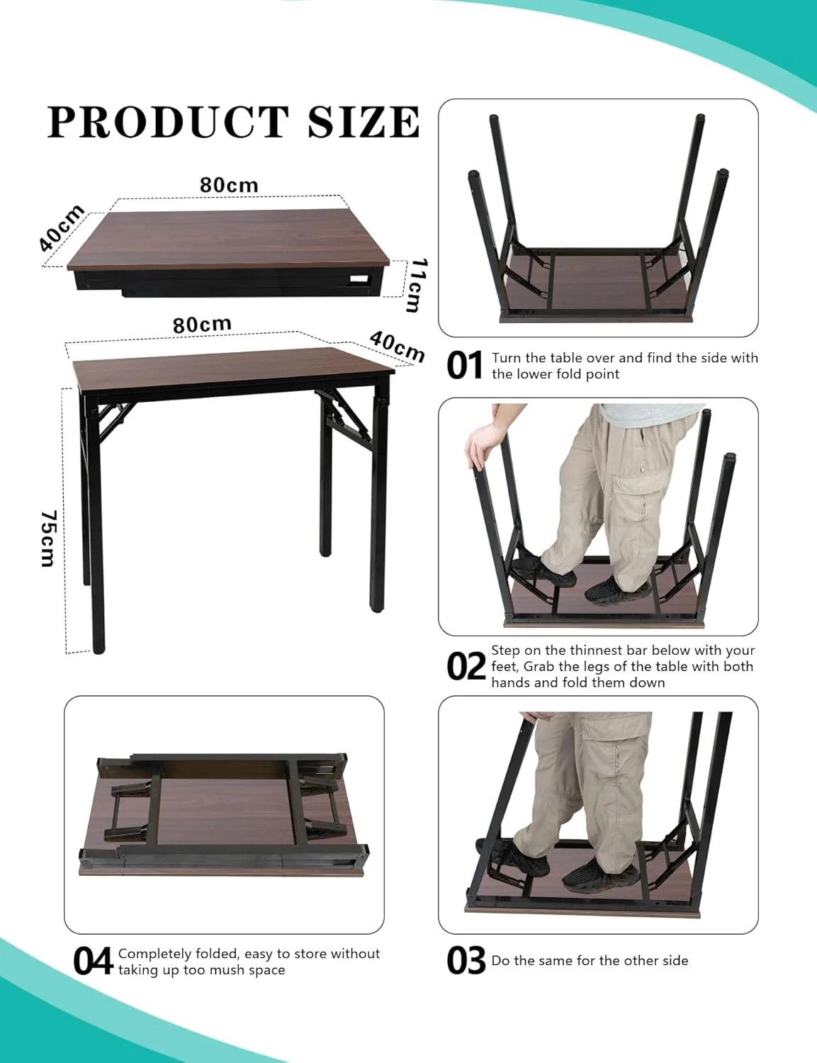 میز تاشو برای فضاهای کوچک، میز قابل حمل چند منظوره برای خانه، دفتر، کامپیوتر، کمپینگ در فضای باز، باغ، پیک نیک، قهوه، باربیکیو (قهوه ای، 80 * 40 * 75 سانتی متر)