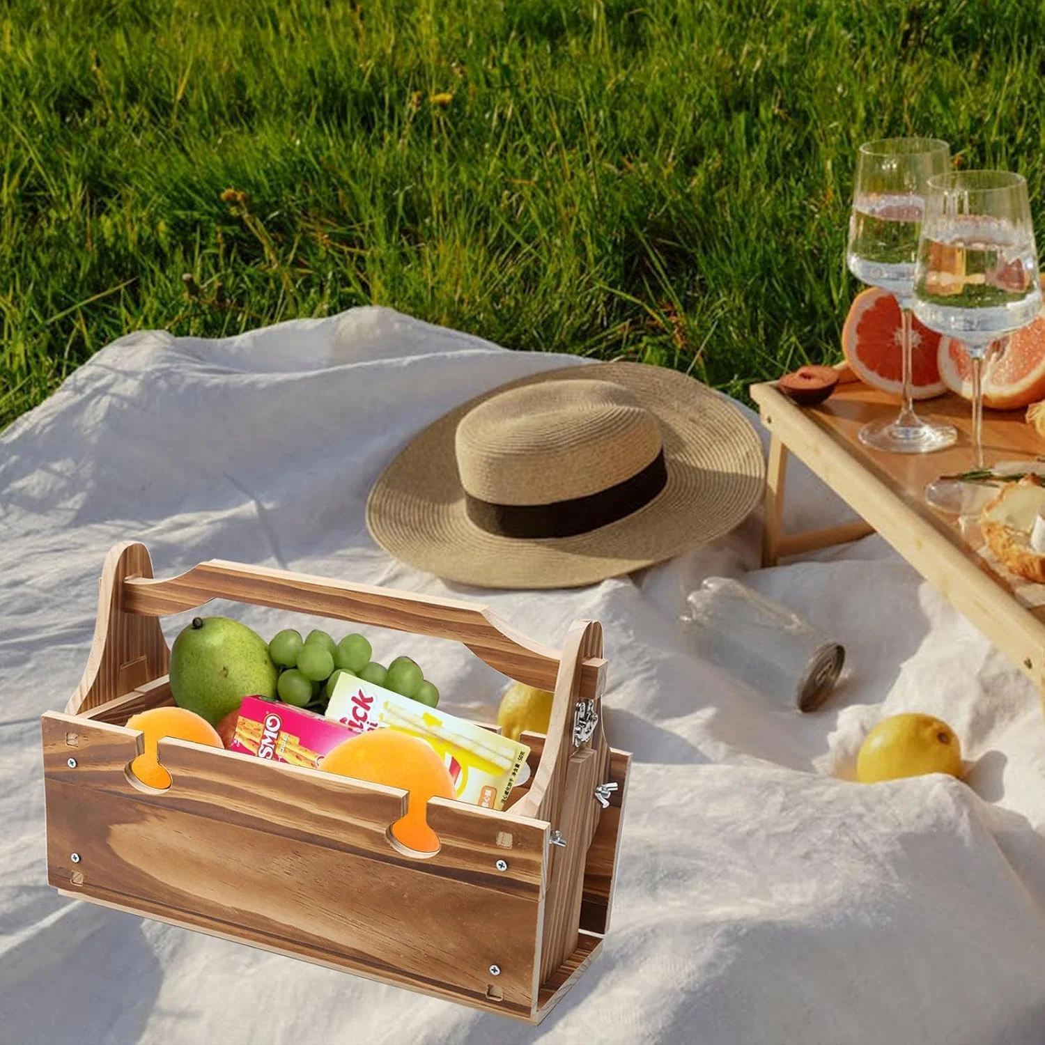میز پیک نیک شراب قابل حمل YelaJoy، میز سبد پیک نیک چوبی تاشو 2 در 1، میز پیک نیک شراب برای کمپینگ در پارک، ساحل، میان وعده در فضای باز، 35x33.5x15 سانتی متر میز پیک نیک شراب قابل حمل YelaJoy، میز سبد پیک نیک چوبی تاشو 2 در 1، میز پیک نیک شراب برای کمپینگ در پارک، ساحل، میان وعده در فضای باز، 35x33.5x15 سانتی متر