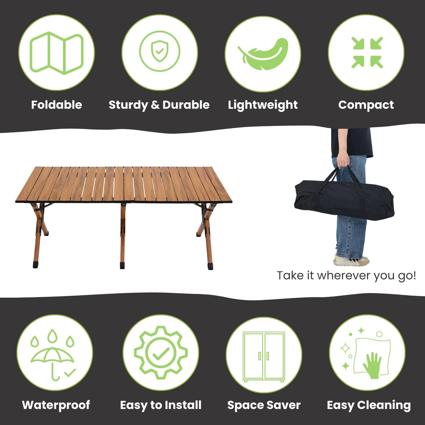 میز تاشو آلومینیومی رولی - مقاوم و قابل حمل برای پیک نیک، کمپینگ، ساحل، باغ، رویدادهای فضای باز - میز ناهار خوری تاشو سبک وزن با کیف حمل - سایز 120 x 60 سانتی متر، ارتفاع: 54 - قهوه ای میز تاشو آلومینیومی رولی - مقاوم و قابل حمل برای پیک نیک، کمپینگ، ساحل، باغ، رویدادهای فضای باز - میز ناهار خوری تاشو سبک وزن با کیف حمل - سایز 120 x 60 سانتی متر، ارتفاع: 54 - قهوه ای